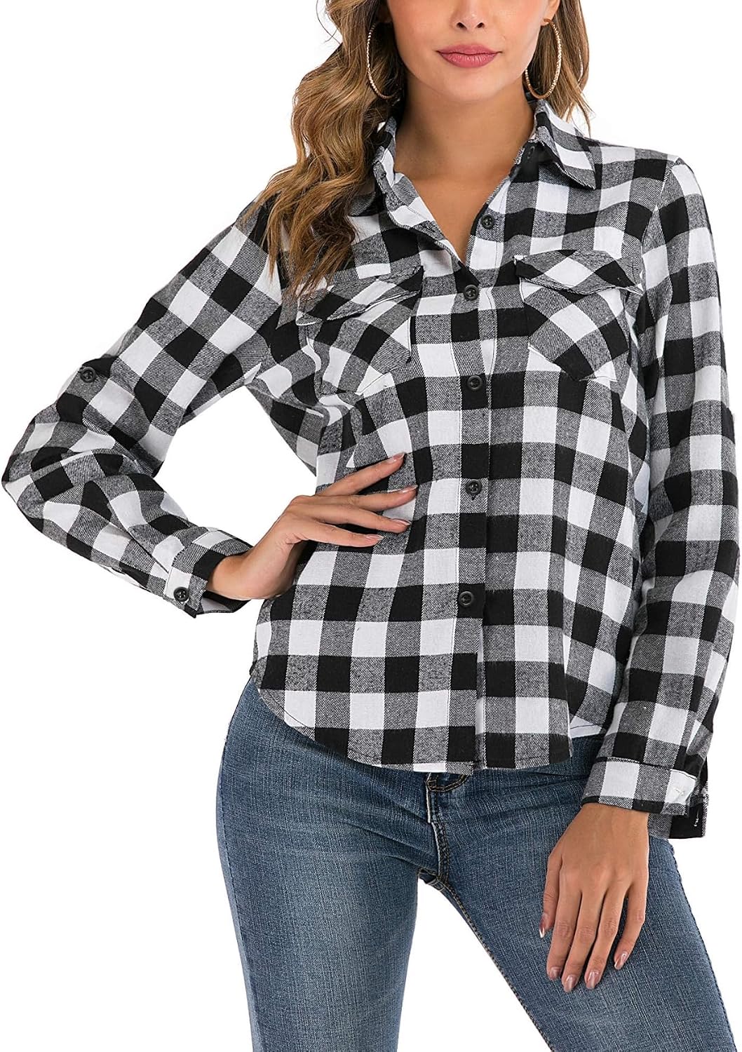 Detalle de Yukiuiny Women's Flannel Plaid Shirt – 100% Cotton, Long Sleeve, Casual Button-Down Top
