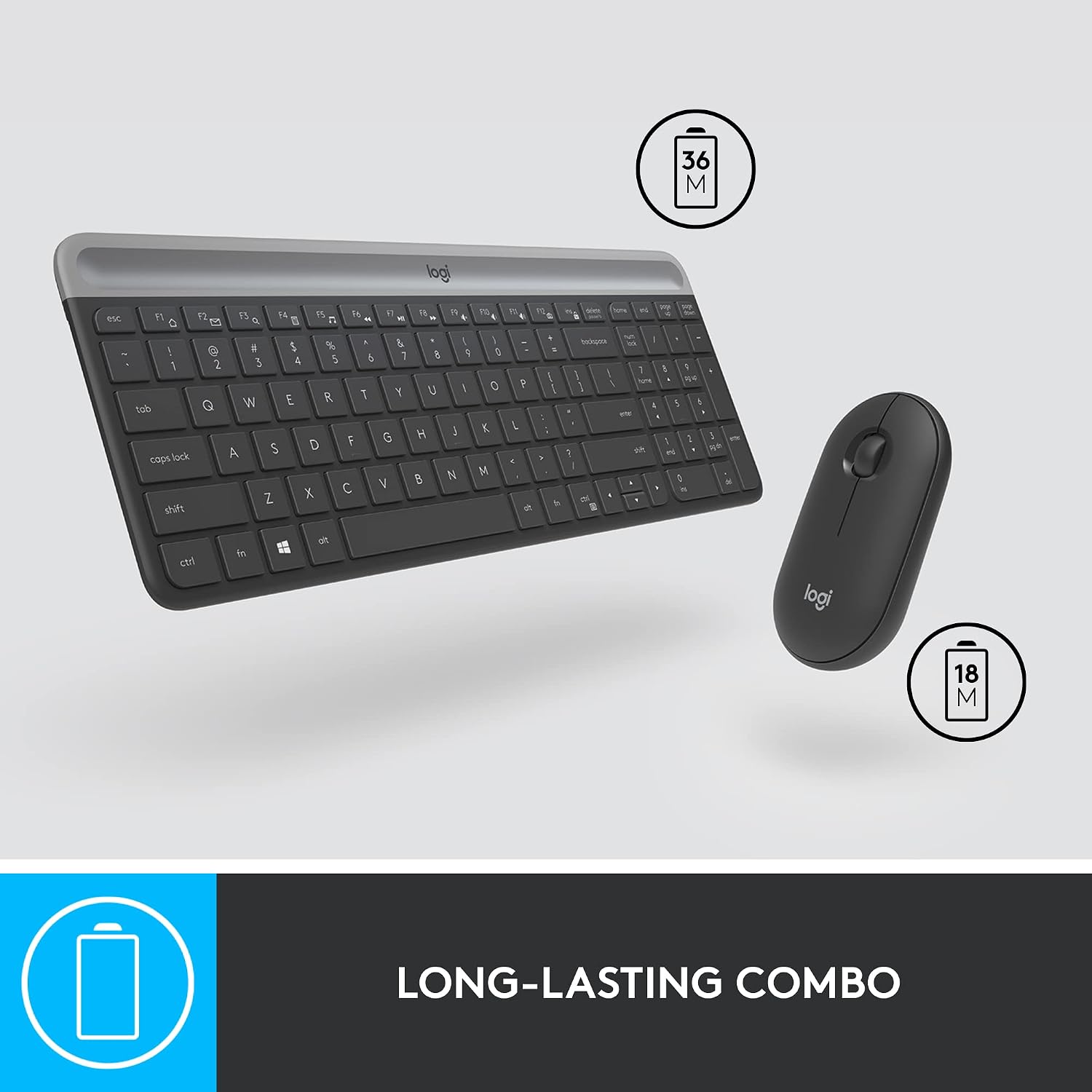 Detalle 1 de Logitech MK470 Slim Wireless Combo Keyboard and Mouse, Graphite, Quiet and Compact