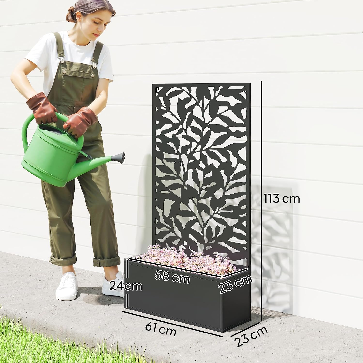 Detalle 2 de Outsunny 84H-173V00BK bloembak met latwerk en privacyscherm, zwart metaal