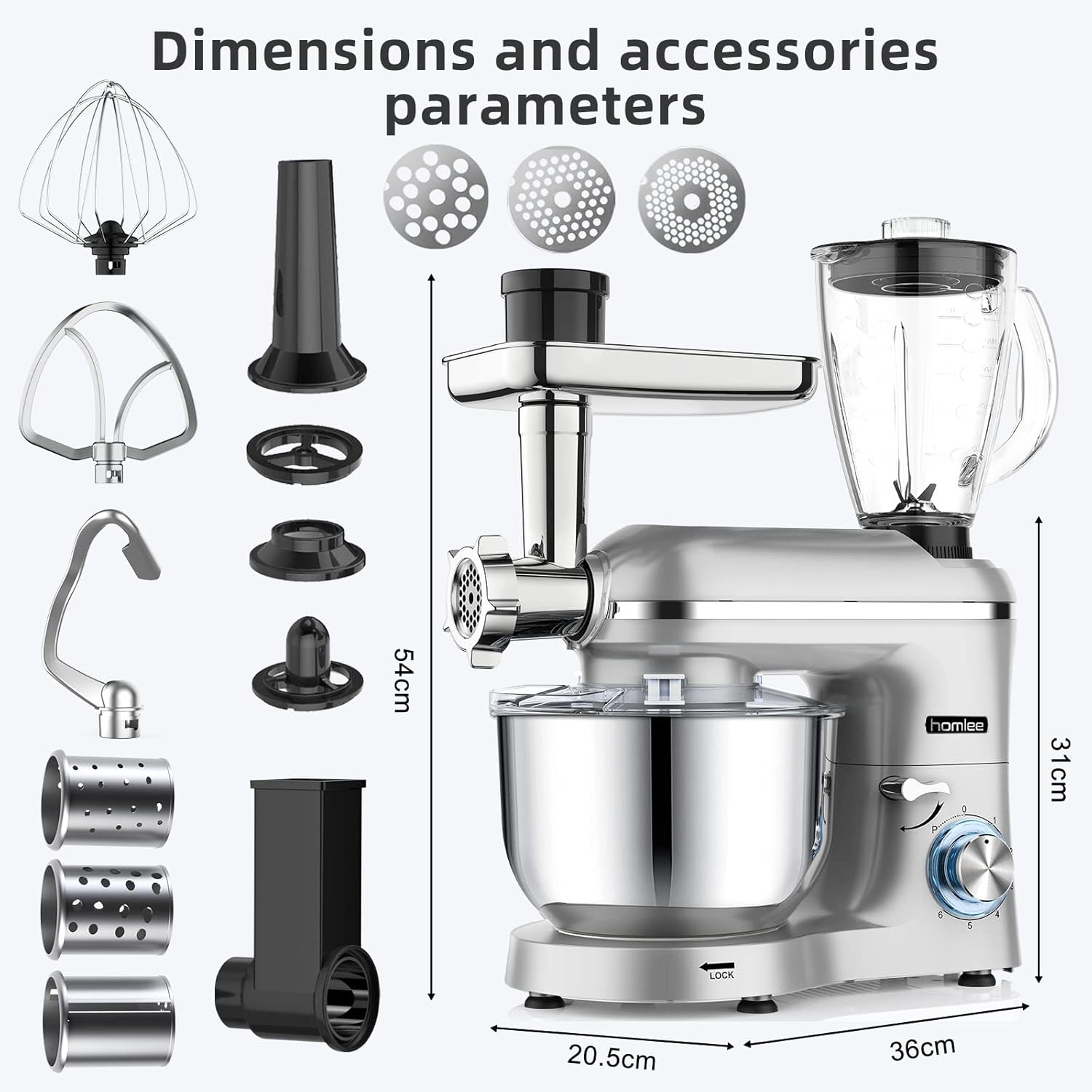 Detalle 2 de Homlee 3 en 1 Robot de Cocina 🍲 1800W, Amasadora y Exprimidor