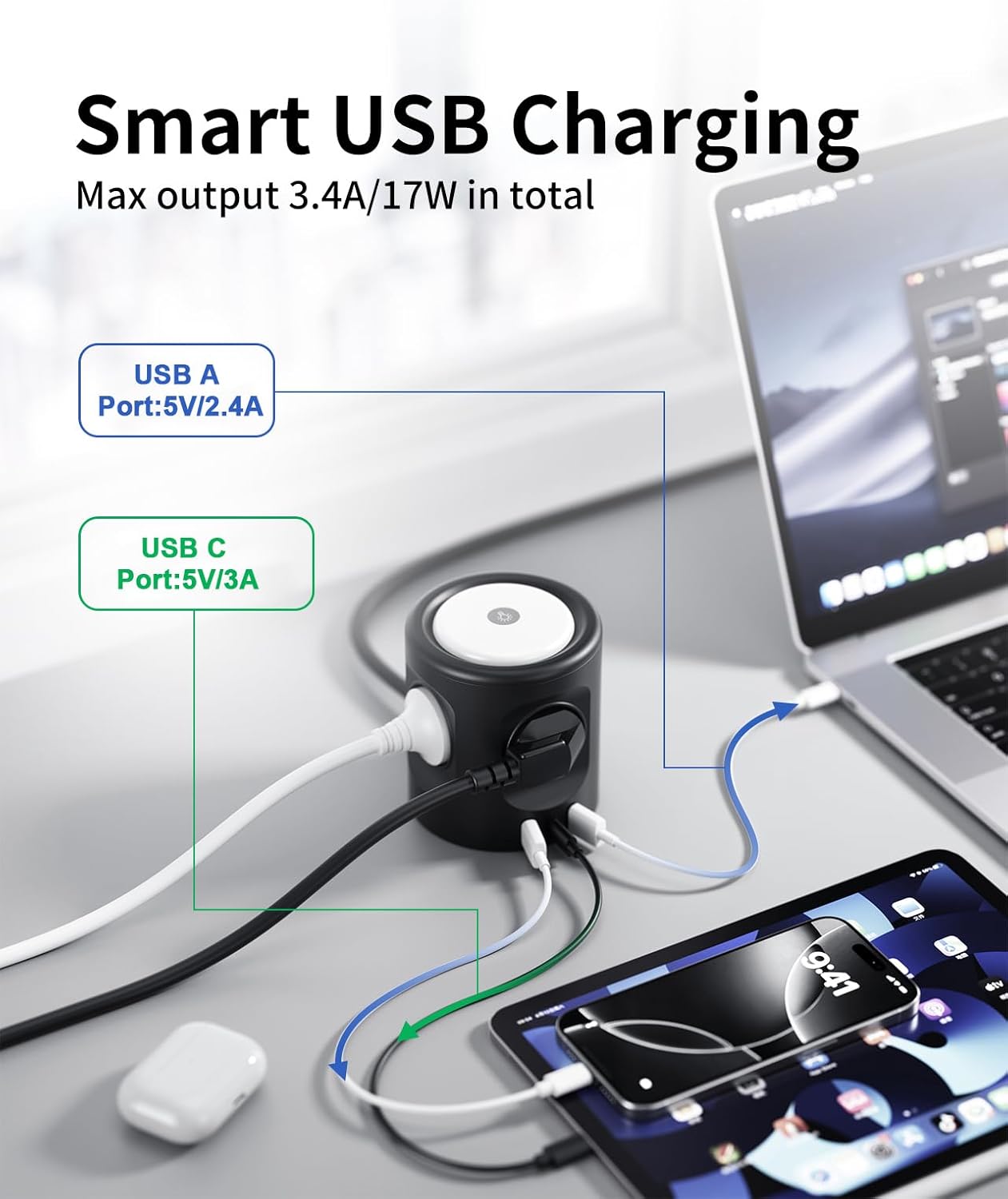 Detalle 2 de Ciabatta Multipresa con Luce: 4 Prese, USB-C e USB-A, 3 Modalità di Illuminazione