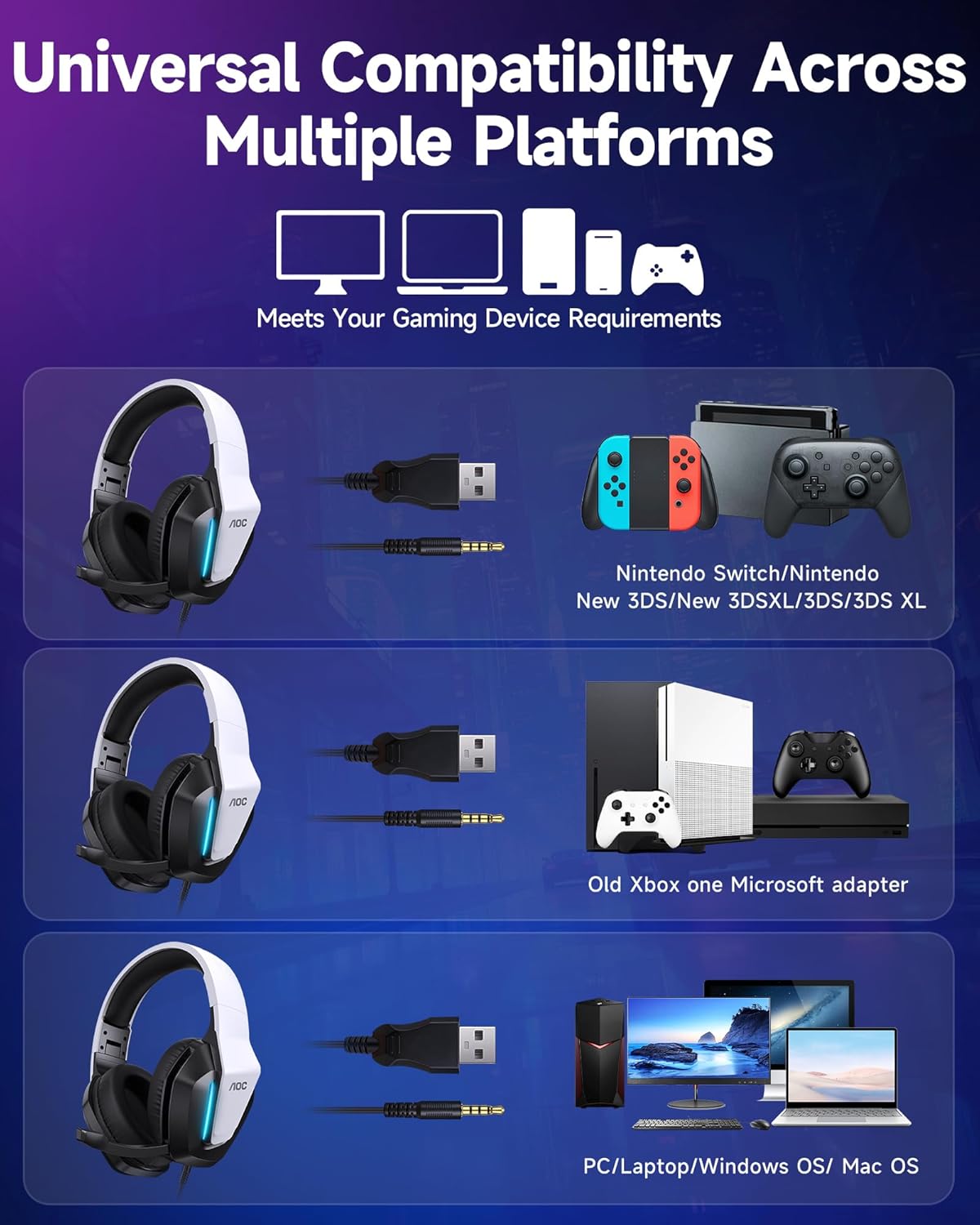 Thumbnail 5 de AOC Gaming Headset for PS5, PS4, PC, and Xbox Series (3.5mm, RGB surround, noise-canceling mic)