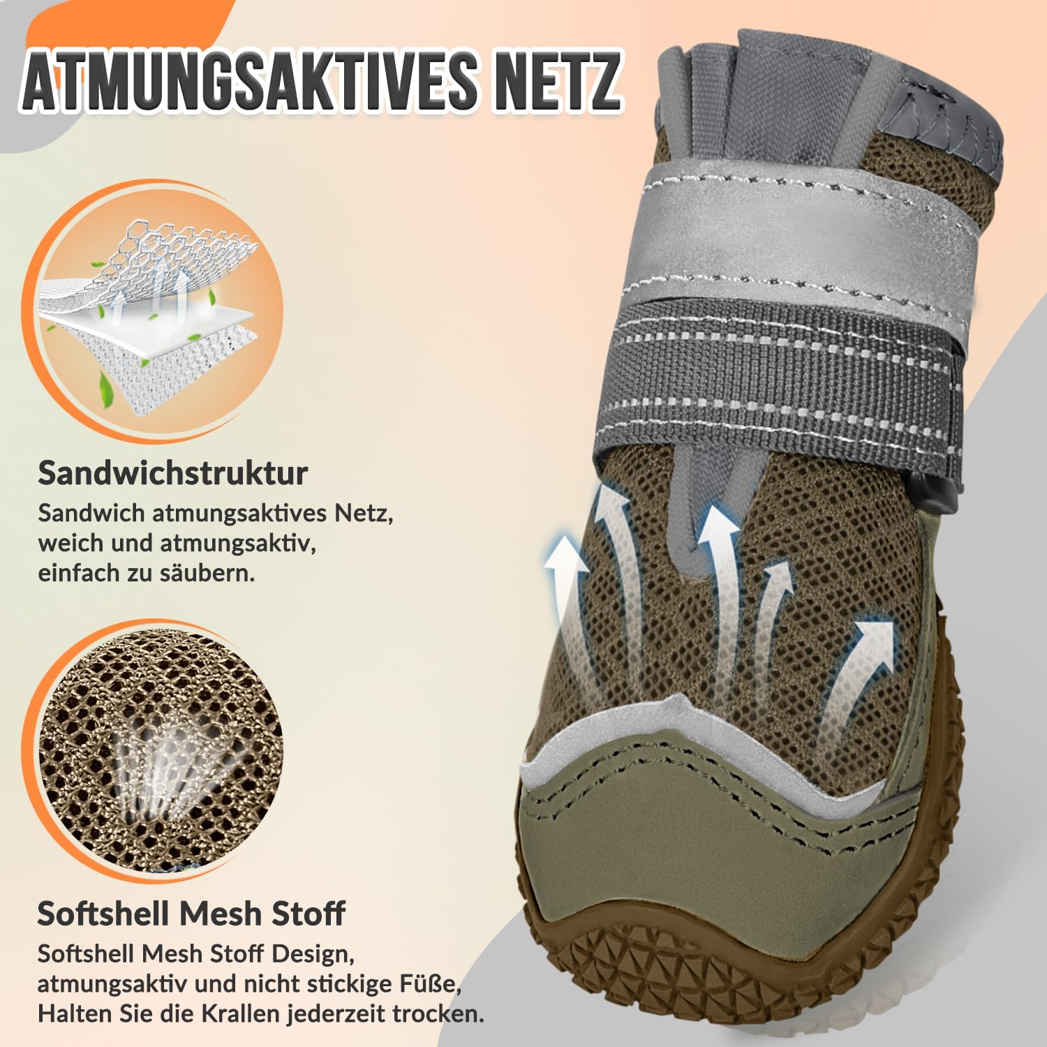 Detalle de Eyein Hundeschuhe Pfotenschutz – 2er-Pack, atmungsaktiv, rutschfeste Sohle, Reflektor-Klettverschluss, Größe 4, Braun