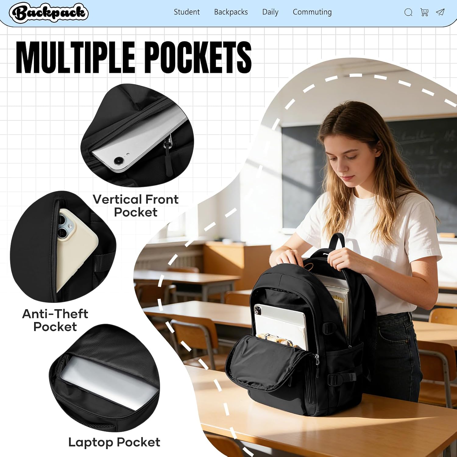 Detalle de WEPLAN school backpack 14 inch, E1 Black