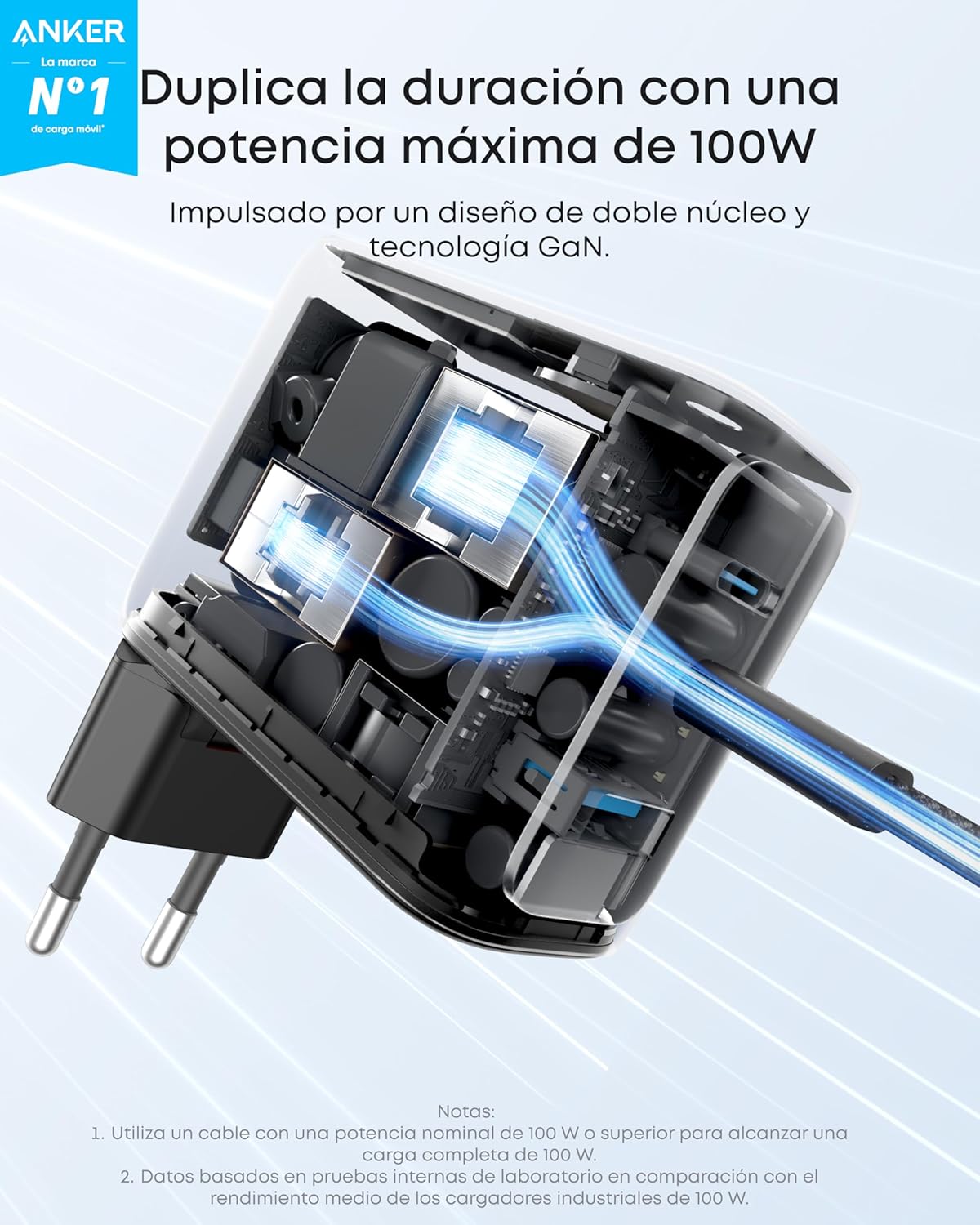 Detalle 2 de Anker Cargador USB C 100 W GaN 3 puertos