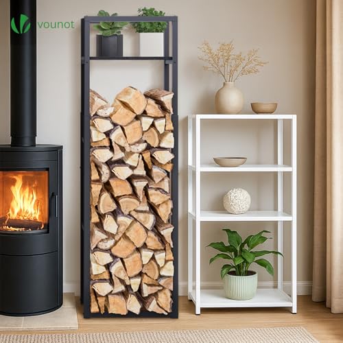 Detalle de vounot Range Bûches Vertical en Métal Réglable sur 3 Niveaux avec Étagère Intégrée – 45 x 32 cm, Noir