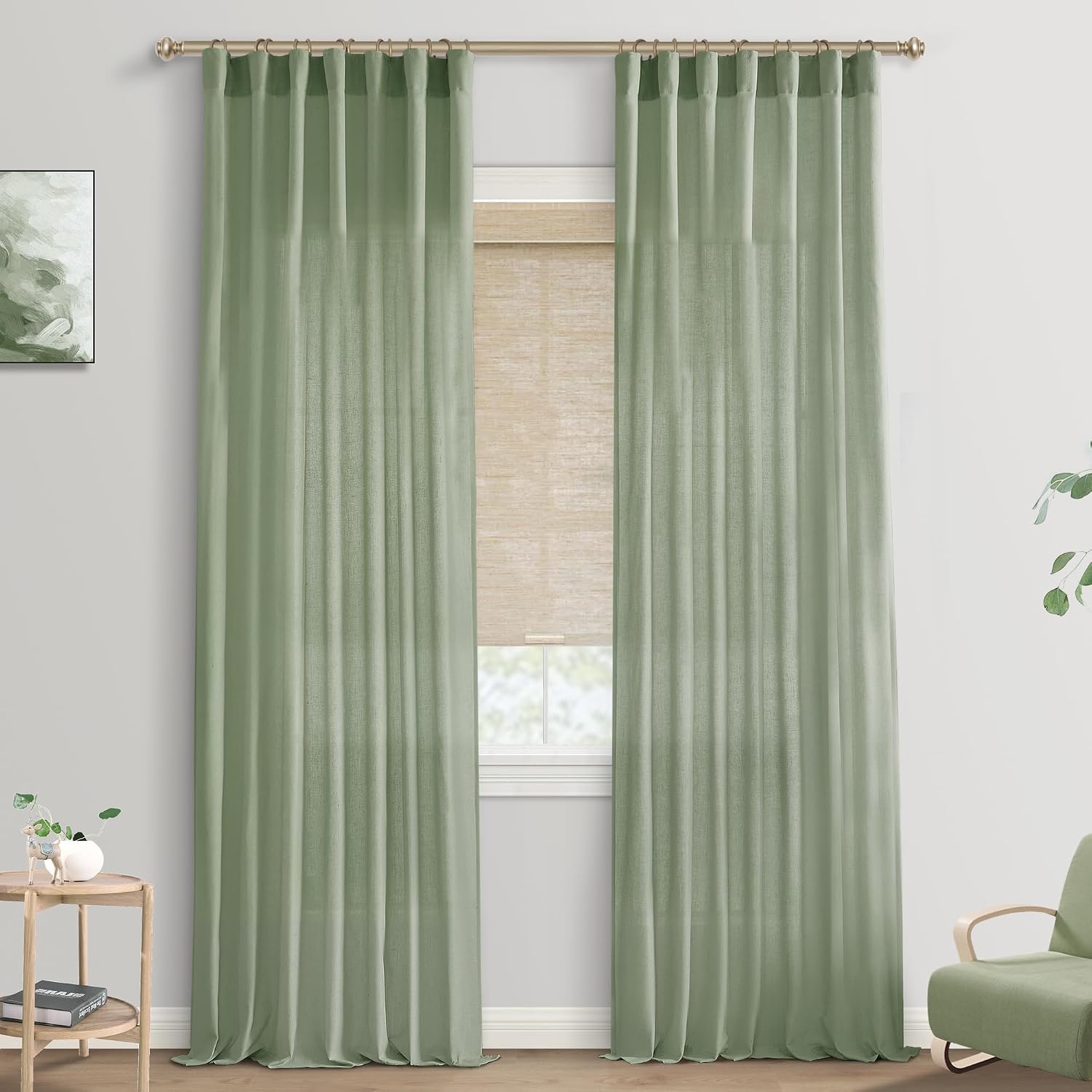 Detalle de SHINELAND 2 Sage Green Curtains, 50W x 84L Inch Linen-Blend Drapes
