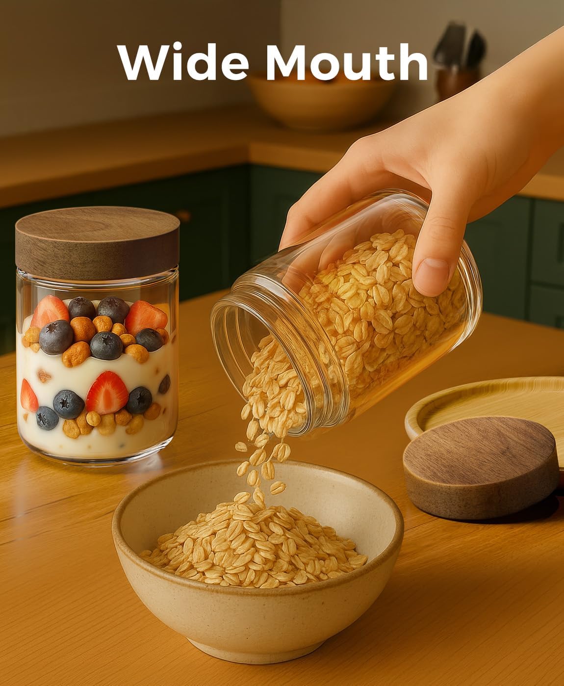 Detalle 2 de Osfel 16oz 4-Pack Overnight Oats Containers with Acacia Wood Airtight Lids (Glass Mason Jars)