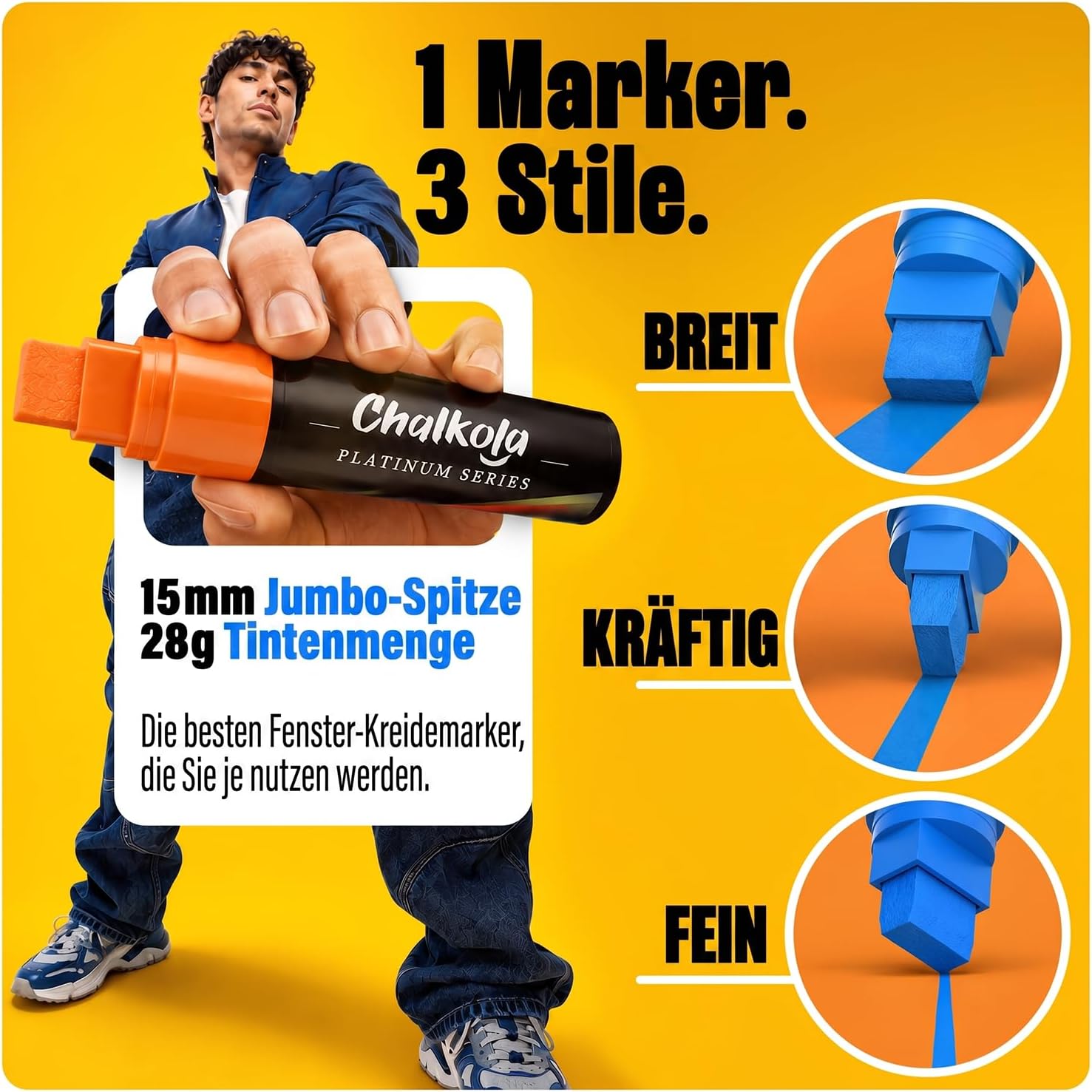 Detalle de Chalkola Kreidestifte abwaschbar für Tafel & Fenster – Jumbo 15 mm (8 Kreidestifte)