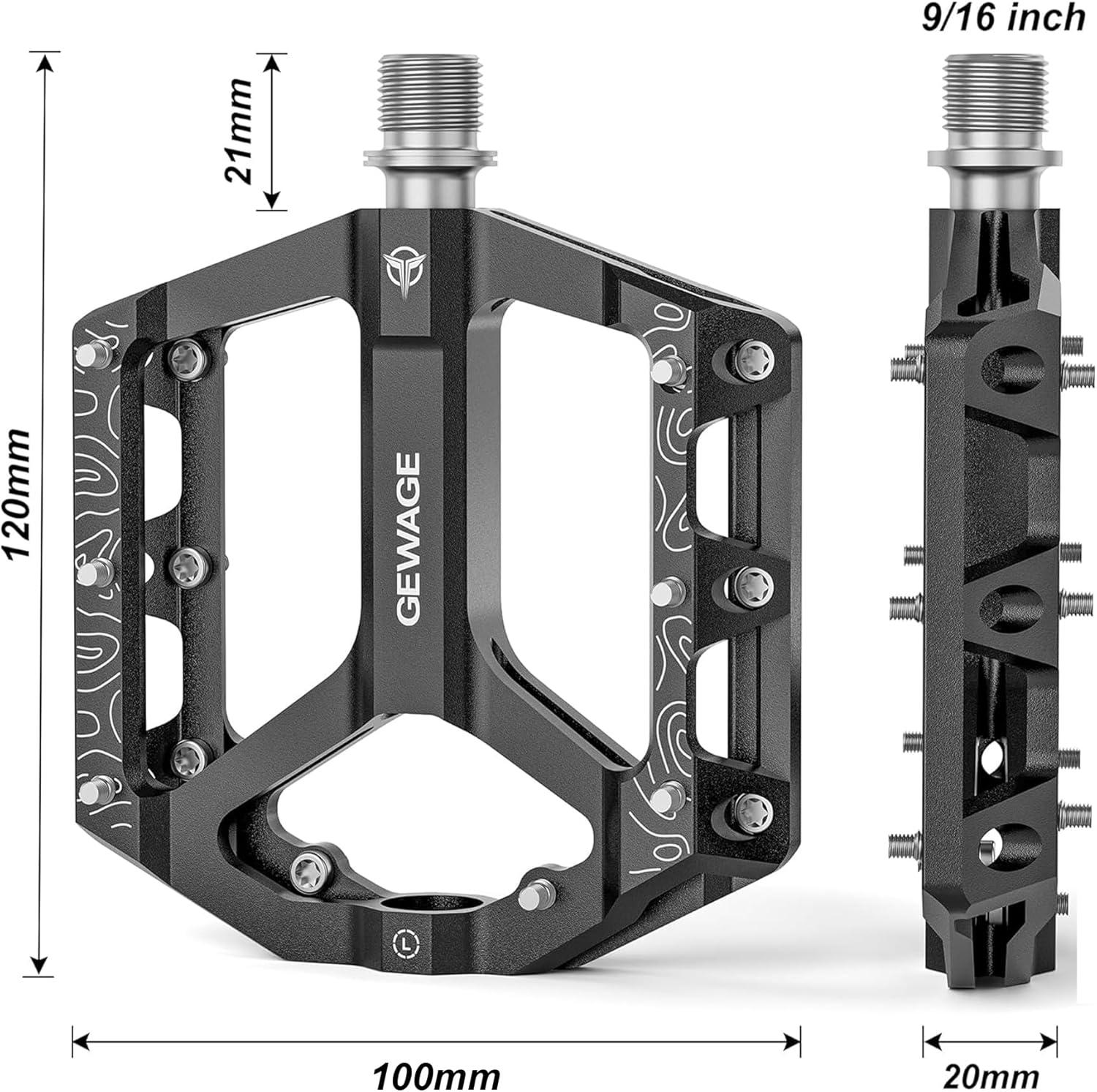 Thumbnail 4 de GEWAGE Pédales Plate MTB en alliage d’aluminium usiné CNC (axe 9/16) – set antidérapant pour VTT et gravel