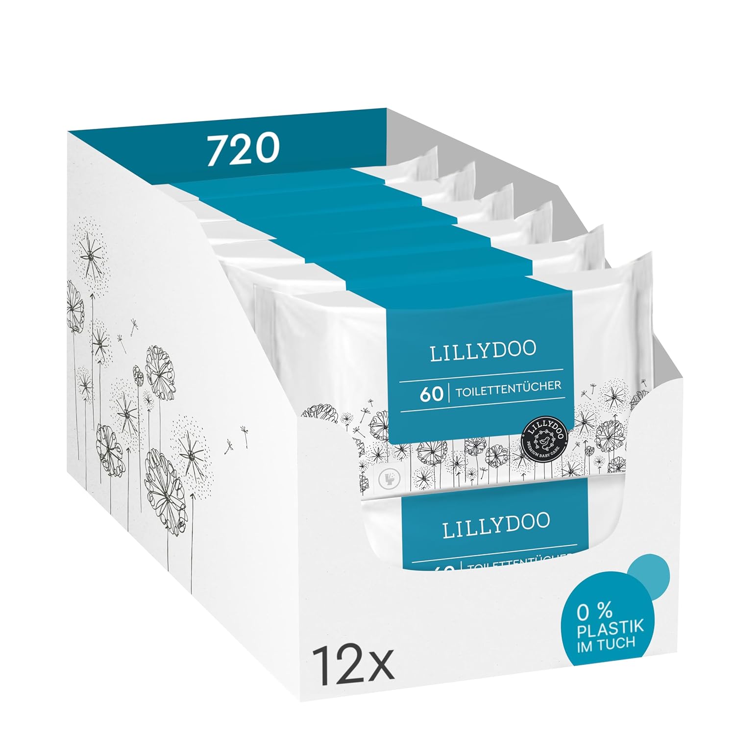 Detalle de LILLYDOO Feuchte Toilettentücher – 720 Stück (12 x 60), plastikfrei, spülbar, parfümfrei & vegan