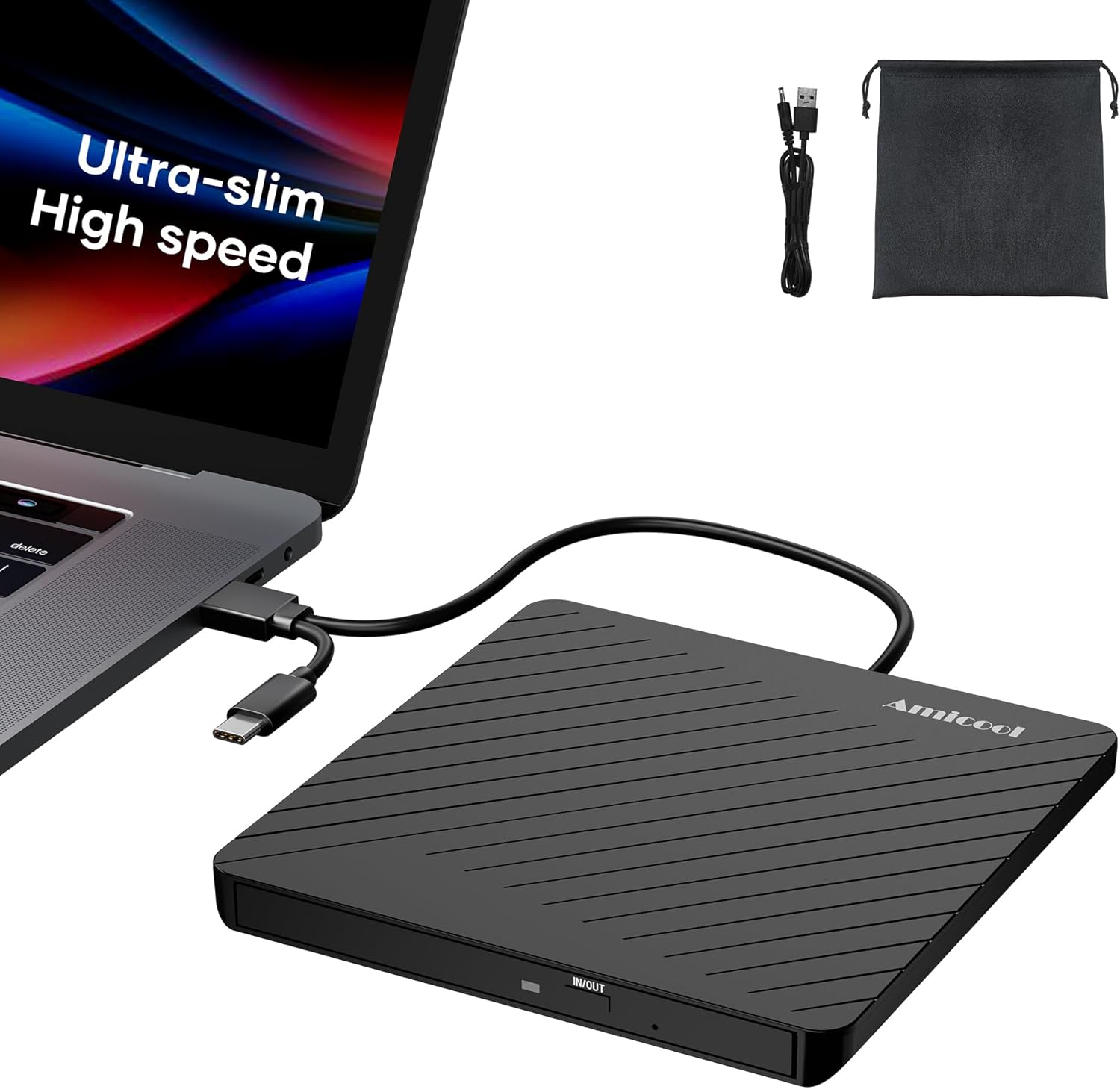 Detalle de Amicool Externes CD/DVD Laufwerk – USB-C/USB-A, Ultraflach 13 mm, Dual-Stromversorgung, kompatibel mit MacBook, Windows, Linux