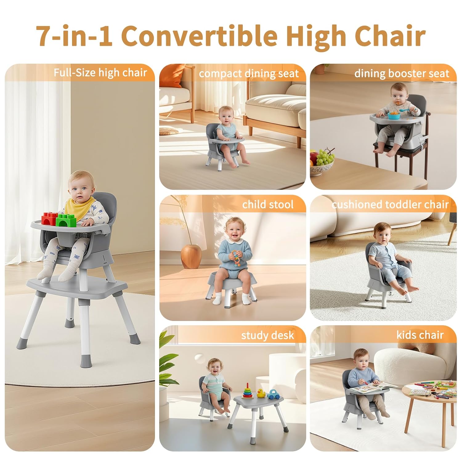 Detalle de MiniKins 7-in-1 Convertible High Chair with Removable Tray, Gray