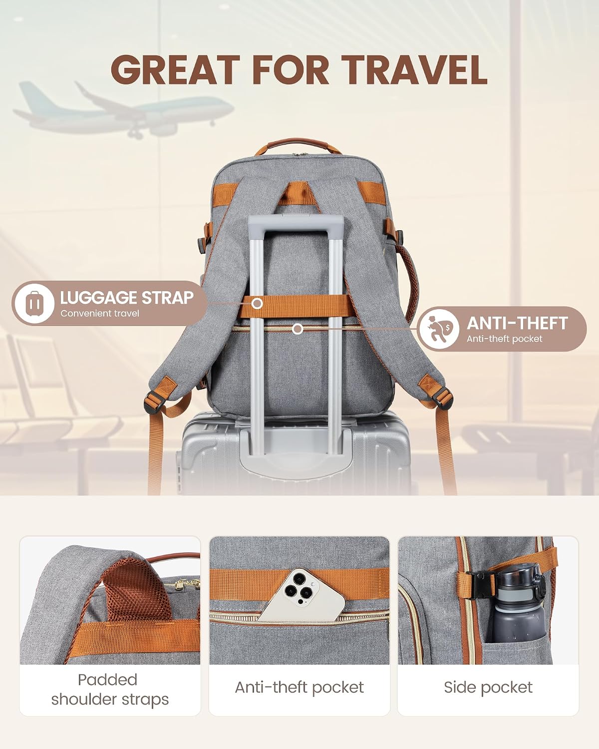 Detalle de LOVEVOOK 40L Travel Backpack for Women & Men – Airline-Approved Carry-On with 3 Packing Cubes
