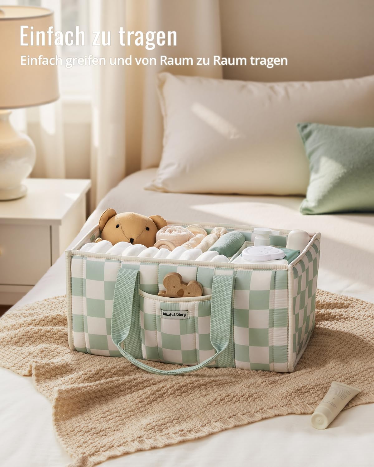 Thumbnail 3 de Blissful Diary Wickeltisch-Organizer: Stilvoller Wickelkorb für Babybedarf, Grün kariert