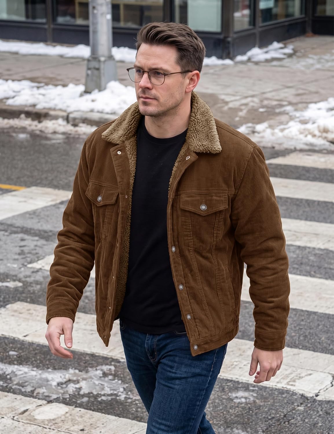 Detalle de MAGCOMSEN Men's Corduroy Sherpa Jacket, Cotton, 5 Pockets, Snap Buttons
