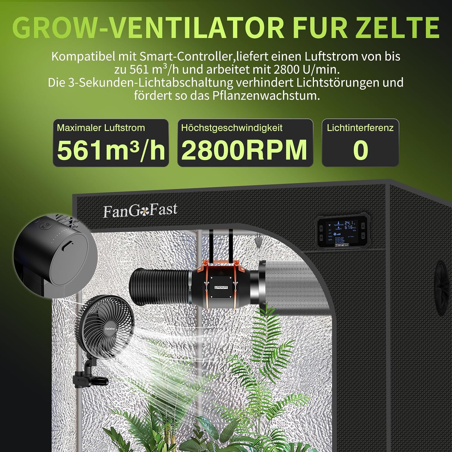 Thumbnail 4 de FanGoFast Grow-Clip-Ventilator mit Oszillation und EC-Motor (10 Geschwindigkeiten) – 20 cm, 561 m³/h