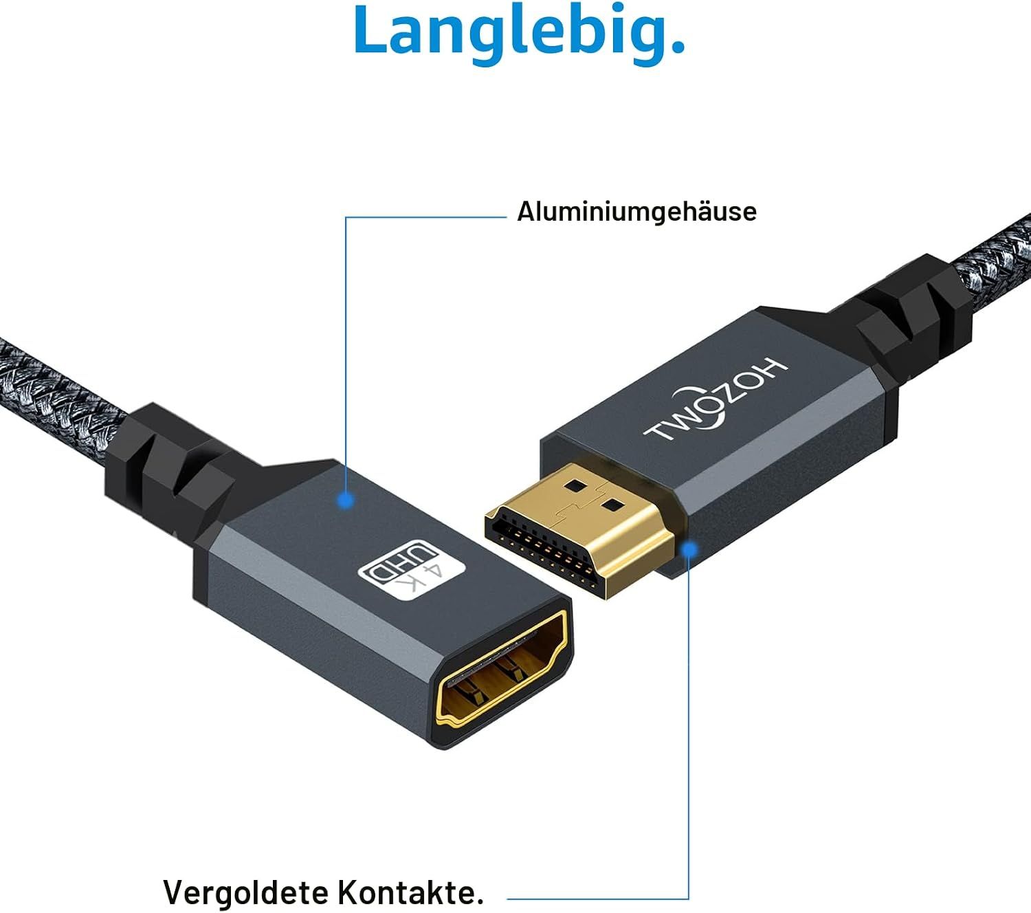 Detalle de Twozoh HDMI-Verlängerungskabel 2 m – 4K@60Hz, Geflochtenes Nylon, 24K vergoldete Kontakte