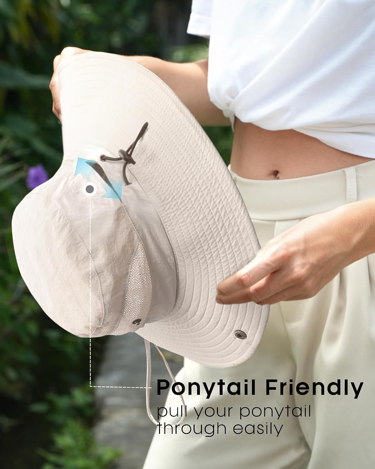 Detalle de FURTALK Women's Sun Hat with Ponytail Hole: Wide Brim UV Protection for Beach, Hiking, and Outdoor Adventures