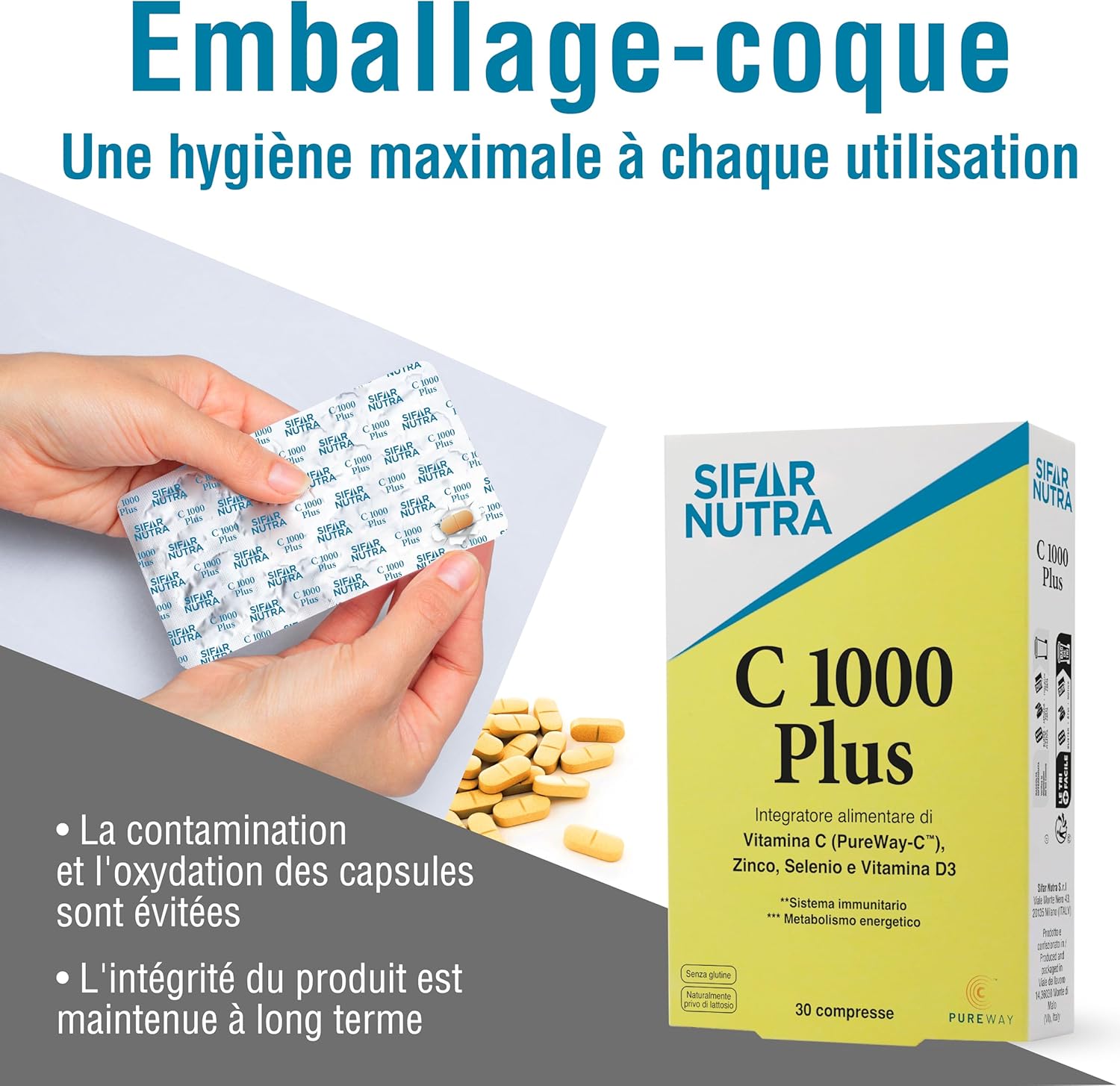 Detalle de Sifar Nutra C 1000 Plus : Vitamine C PureWay-C, D3, Zinc et Sélénium – 30 comprimés