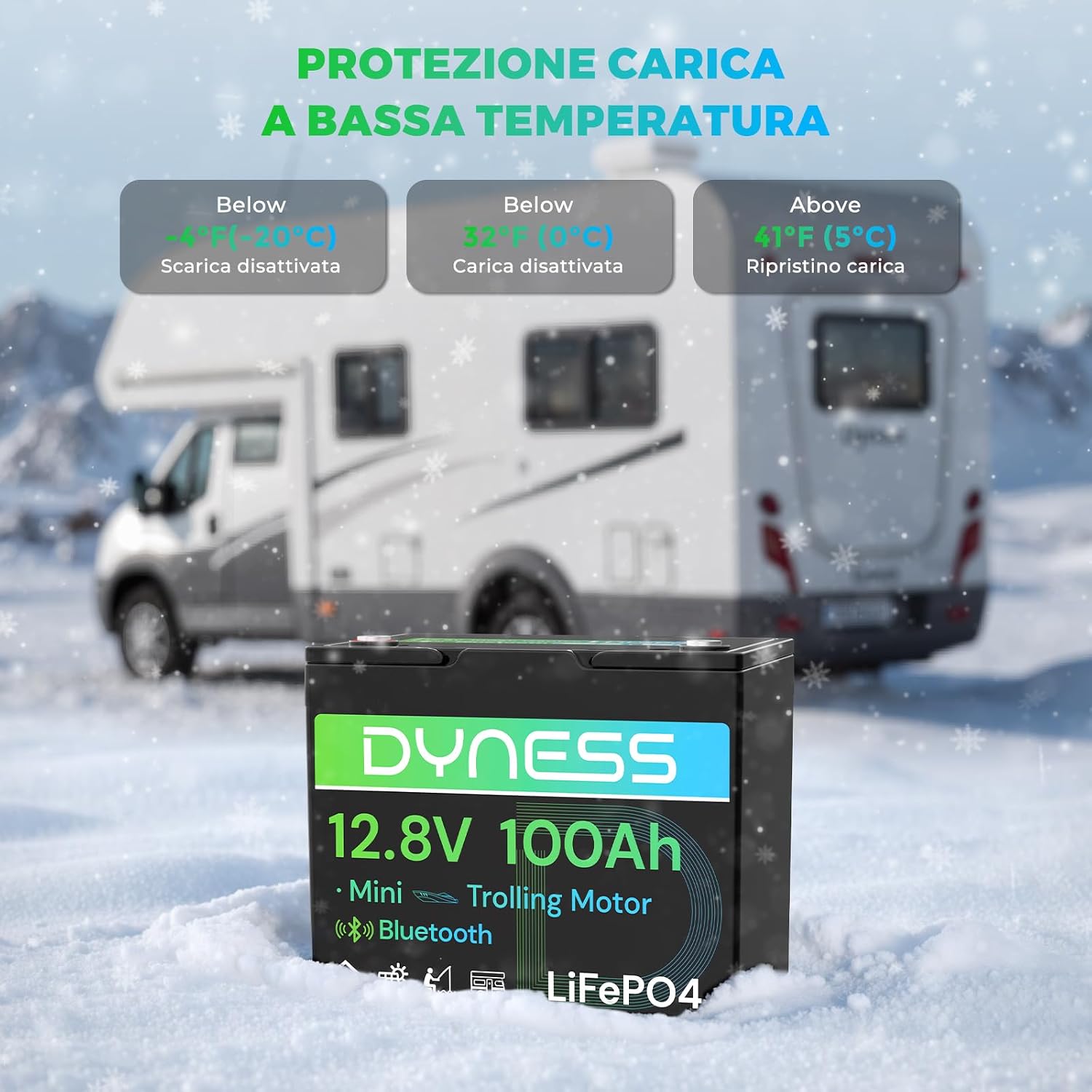 Detalle de Dyness Batteria LiFePO4 12V 100Ah Bluetooth: autonomia affidabile per nautica, camper e impianti solari off-grid