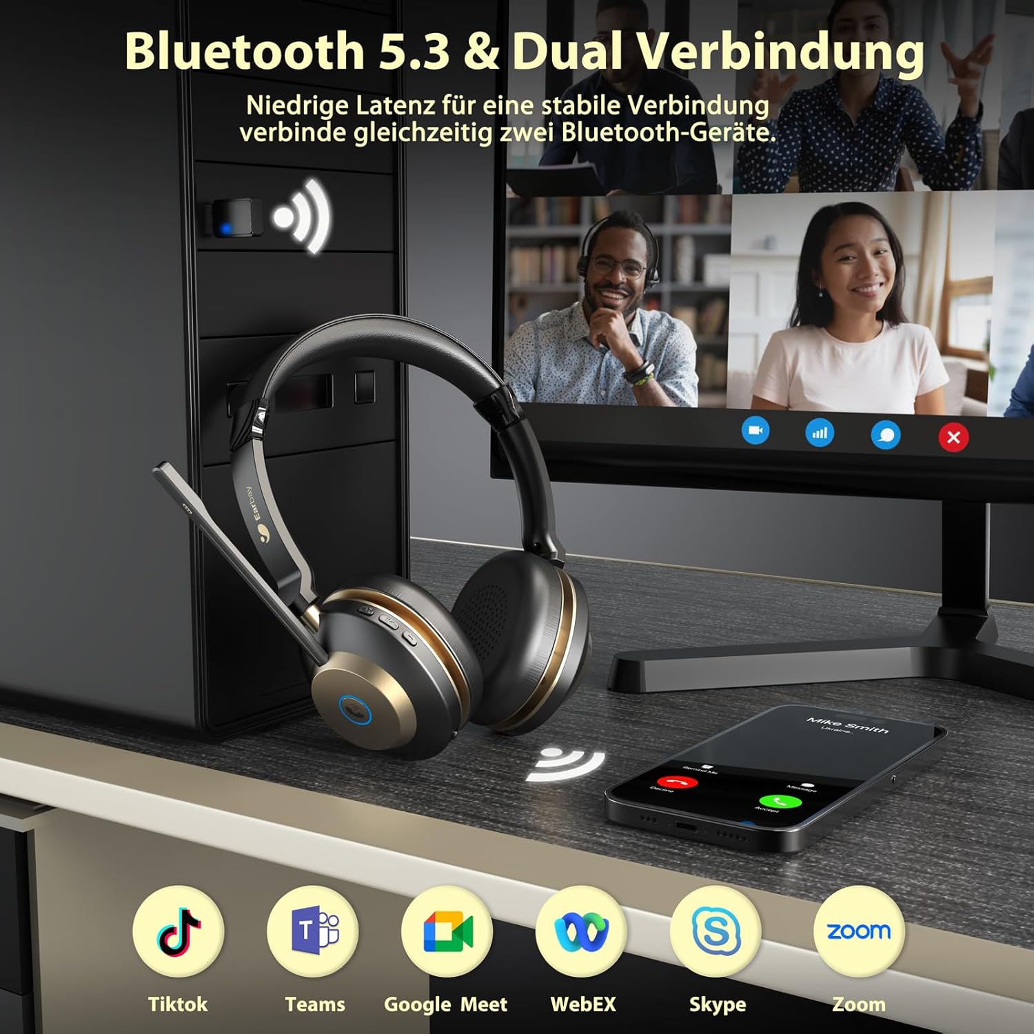 Thumbnail 2 de Earbay Kabelloses Headset mit AI Noise-Cancelling und USB-Dongle – Bluetooth Headset mit Mikrofon, Ladestation und Stummschaltung