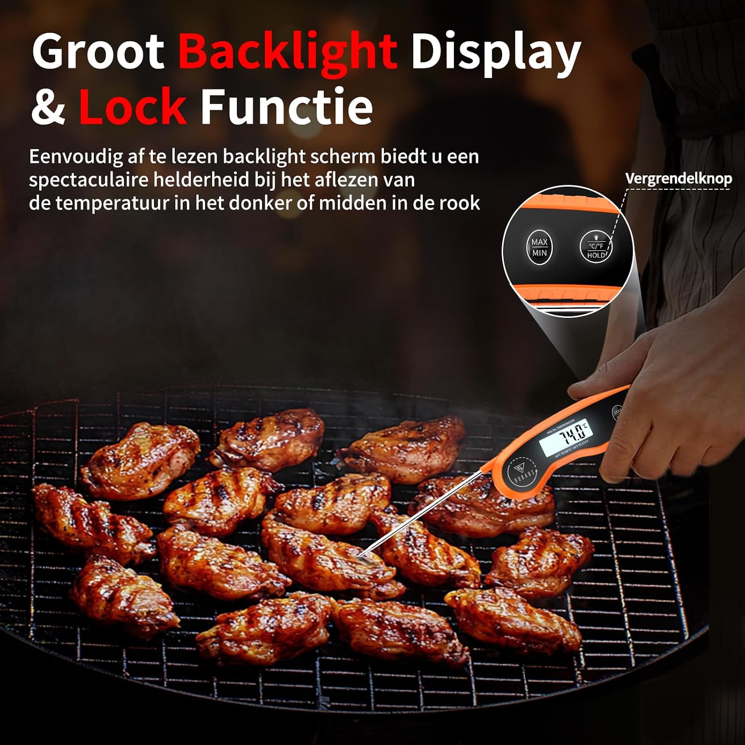 Detalle de DOQAUS CP7 Pro vleesthermometer met inklapbare sonde en lcd-achtergrondverlichting
