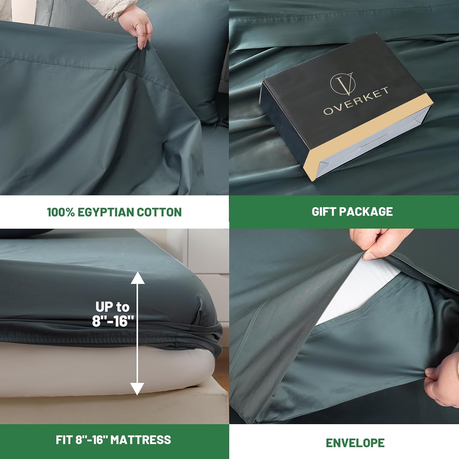 Detalle de Overket Egyptian Cotton Sheets Full Size 4PCS, 1000 Thread Count, Lake Blue