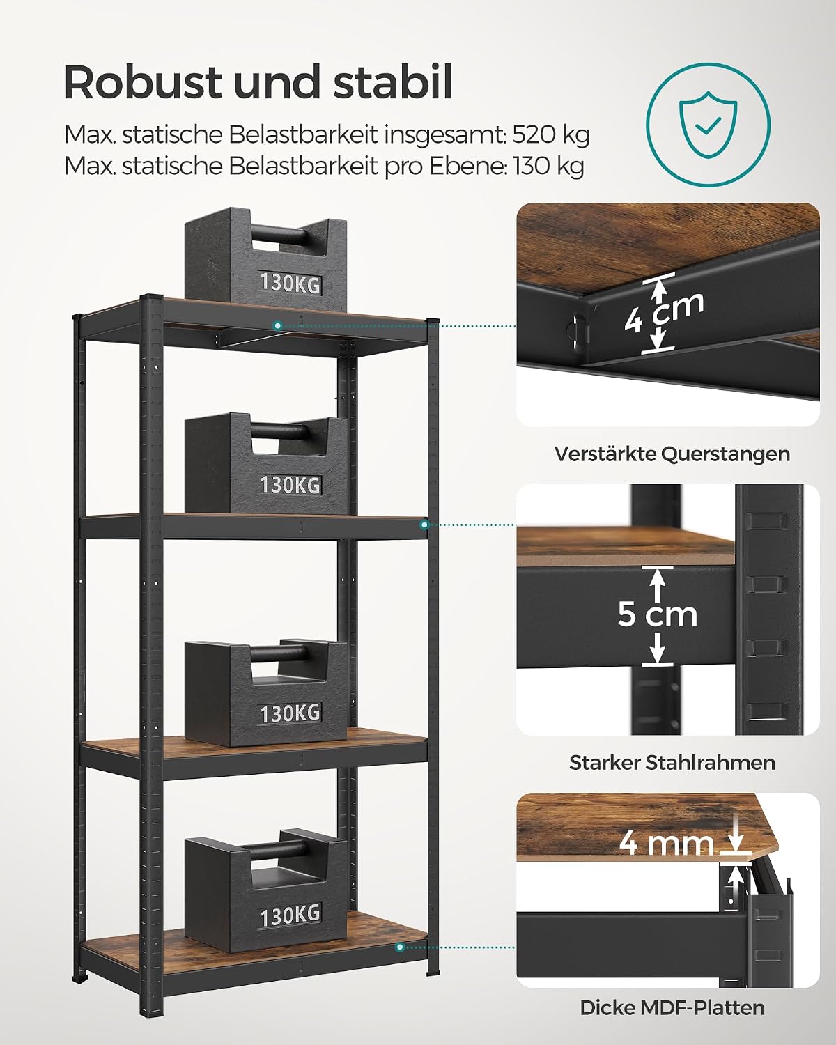 Thumbnail 4 de SONGMICS Standregal GLR044B11 mit 4 Ablagen, verstellbar, 40 x 80 x 160 cm – bis 520 kg belastbar (vintagebraun-schwarz)