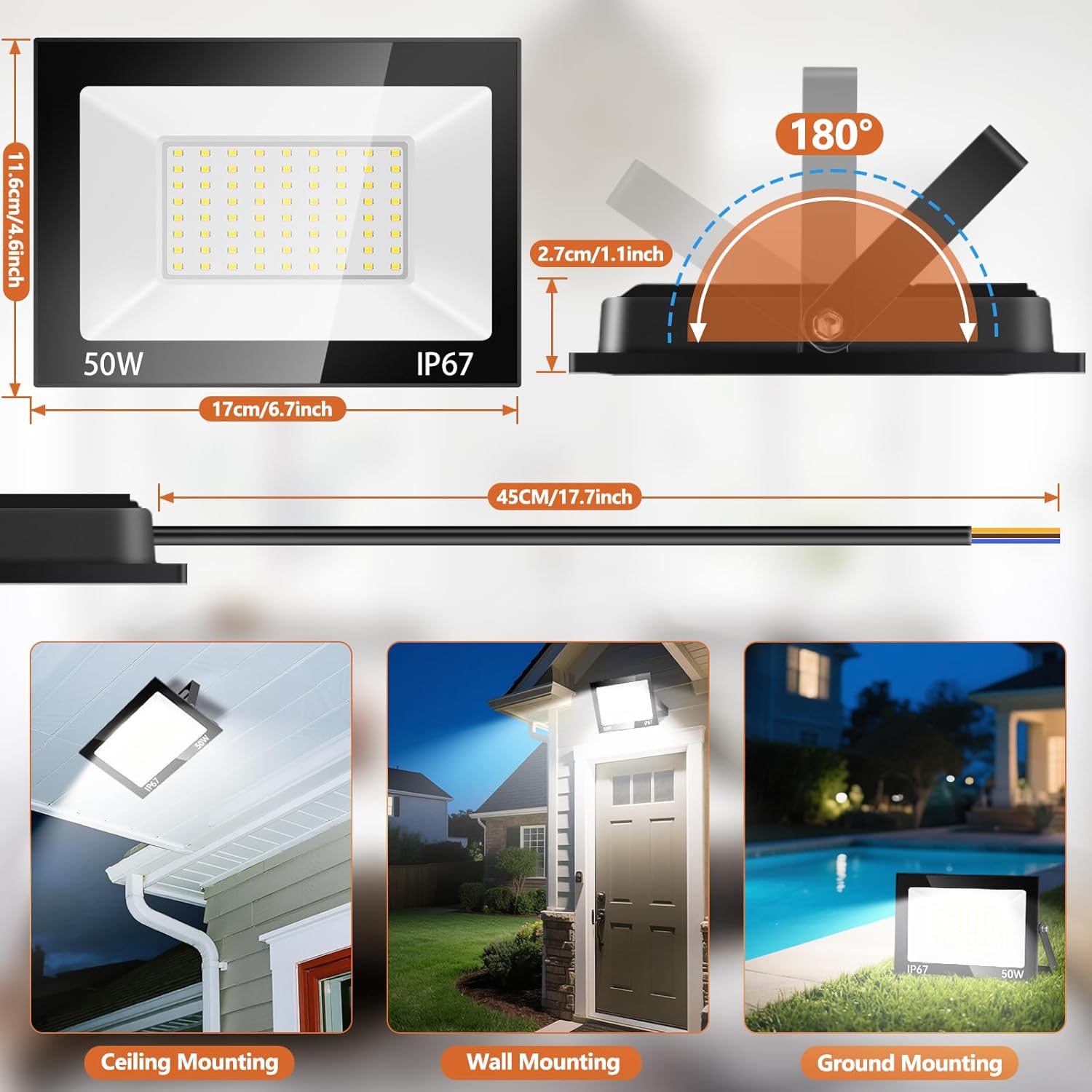 Thumbnail 2 de Faretto LED da esterno 50W da 5000 lm 7000K IP67 (2 pezzi) con staffa regolabile a 180°