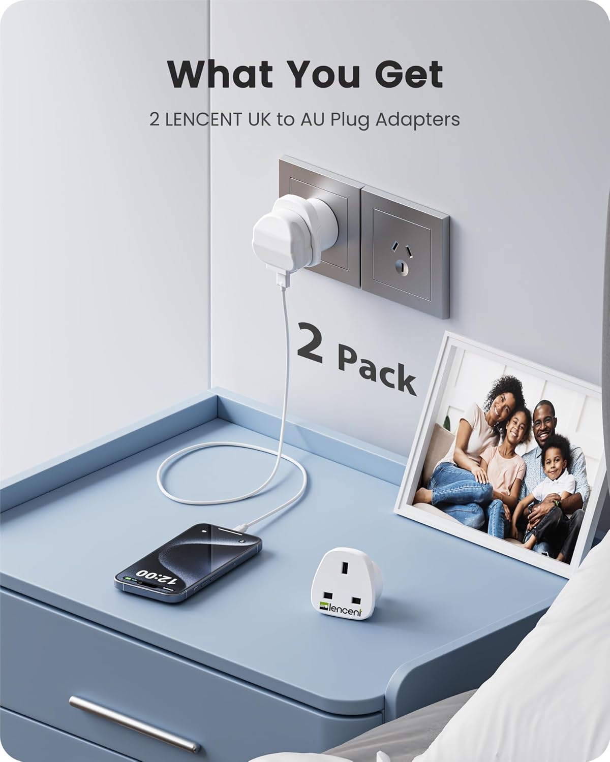 Detalle de LENCENT UK to Australia Plug Adapter 2 Pack (Type I) – earthed travel adaptor for AUS, China, Fiji, New Zealand and more