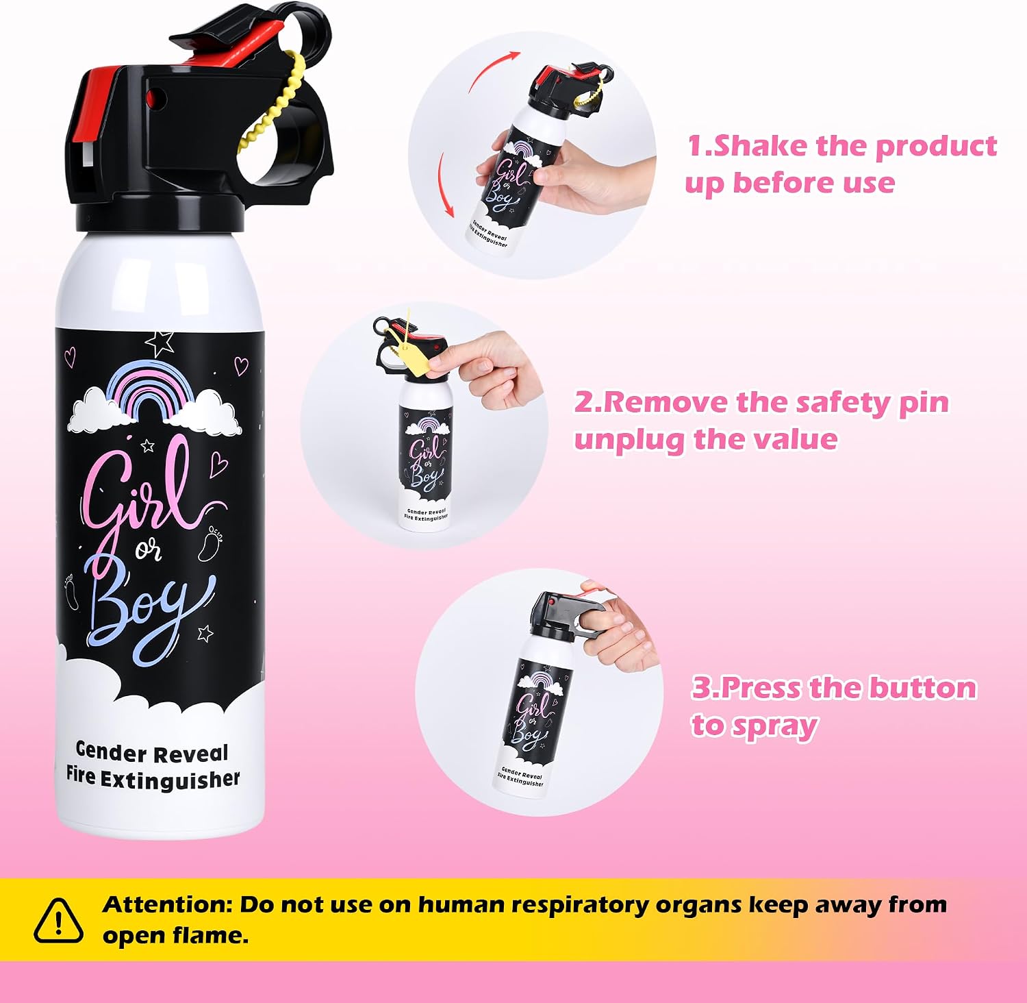 Detalle 1 de Roze poederspray voor genderreveal, 2 spuitbussen met maïszetmeel