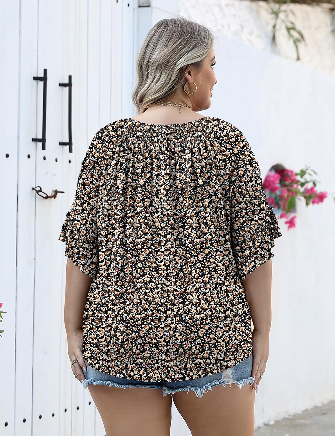 Detalle de Micoson Women’s Plus Size Pleated Ruffle Sleeve Top (3/4 Bell Sleeves), 1X–5X