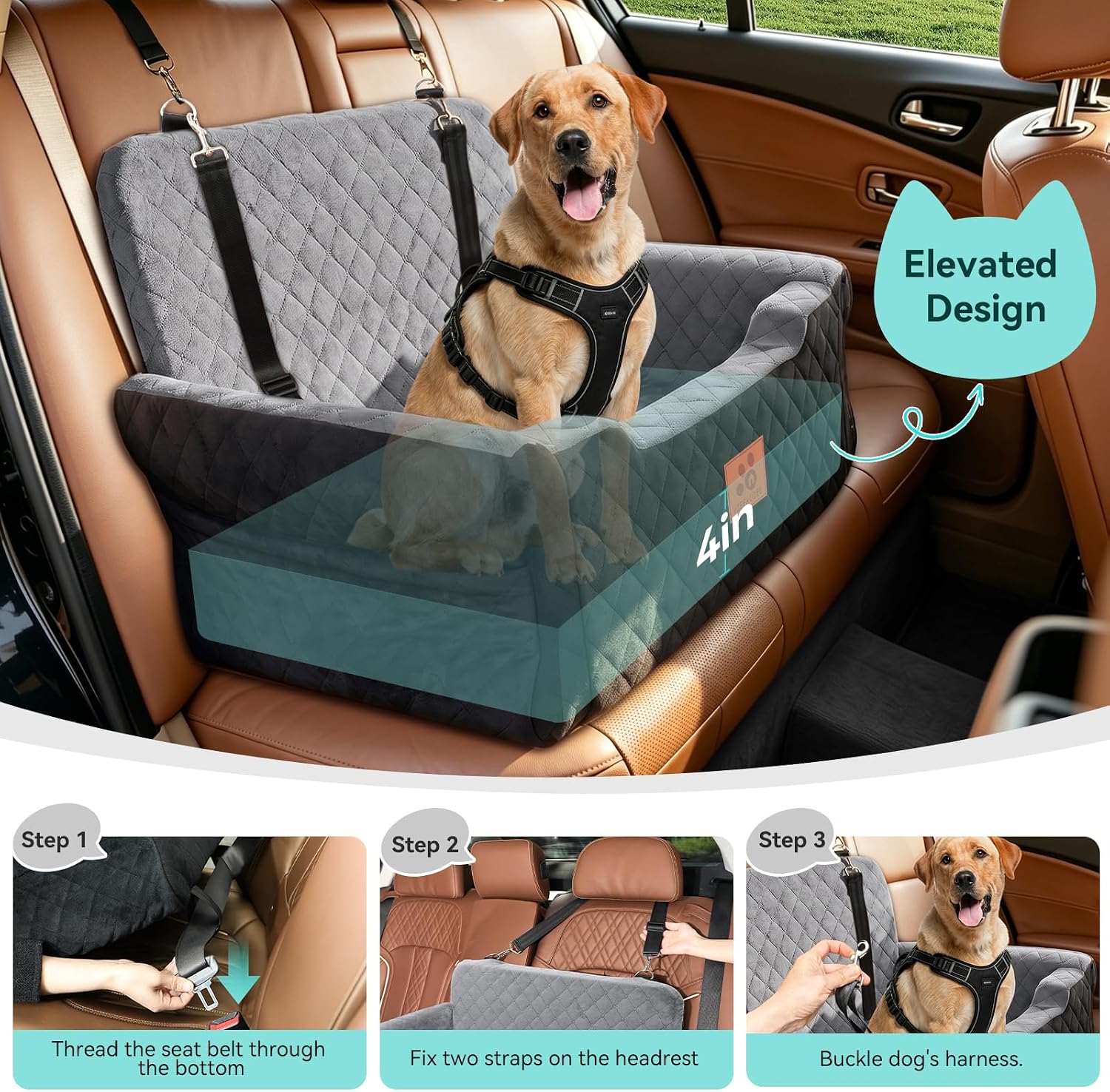 Detalle 2 de GL GLENSLAVE Dog Car Seat for Large/Medium Dogs up to 55 lbs – Soft Memory Foam Booster with Removable Cover