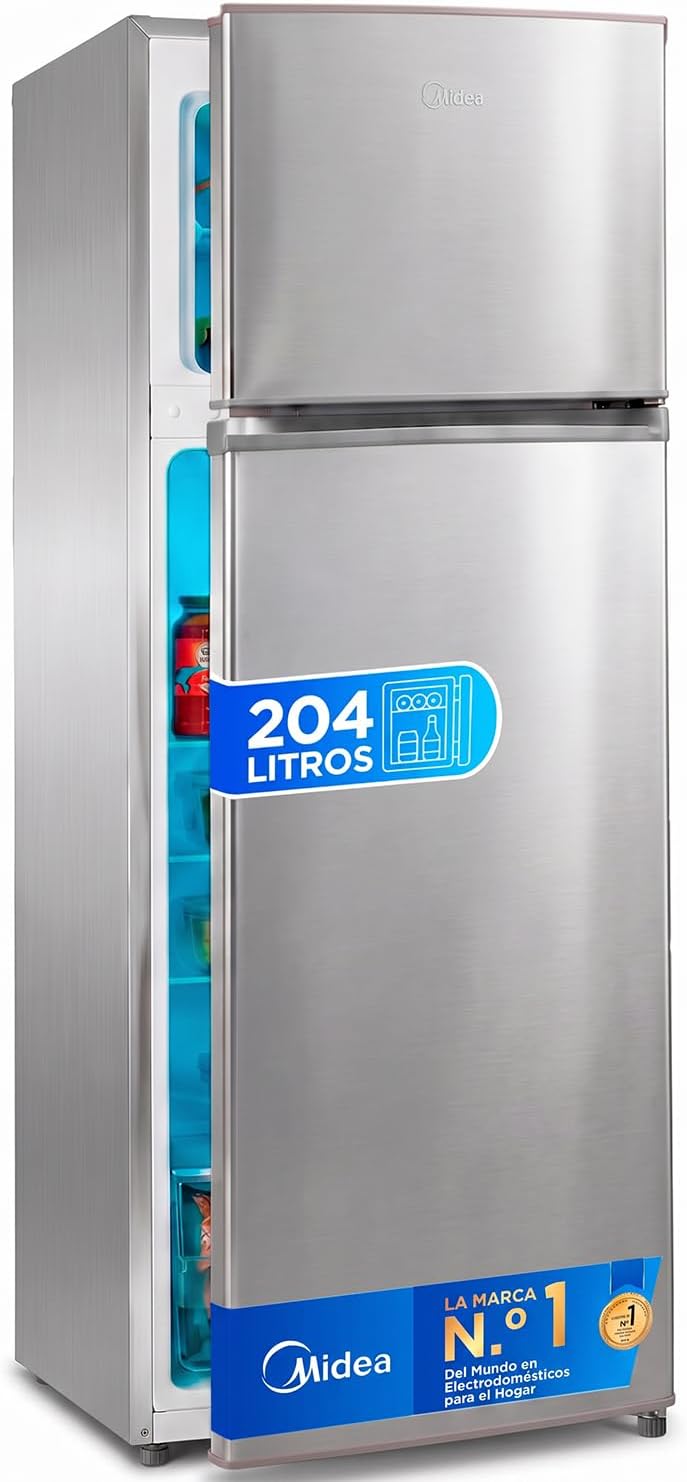 Detalle de Frigorífico Midea de 2 puertas 204 L con congelador Low Frost, 140 cm alto, acero inox