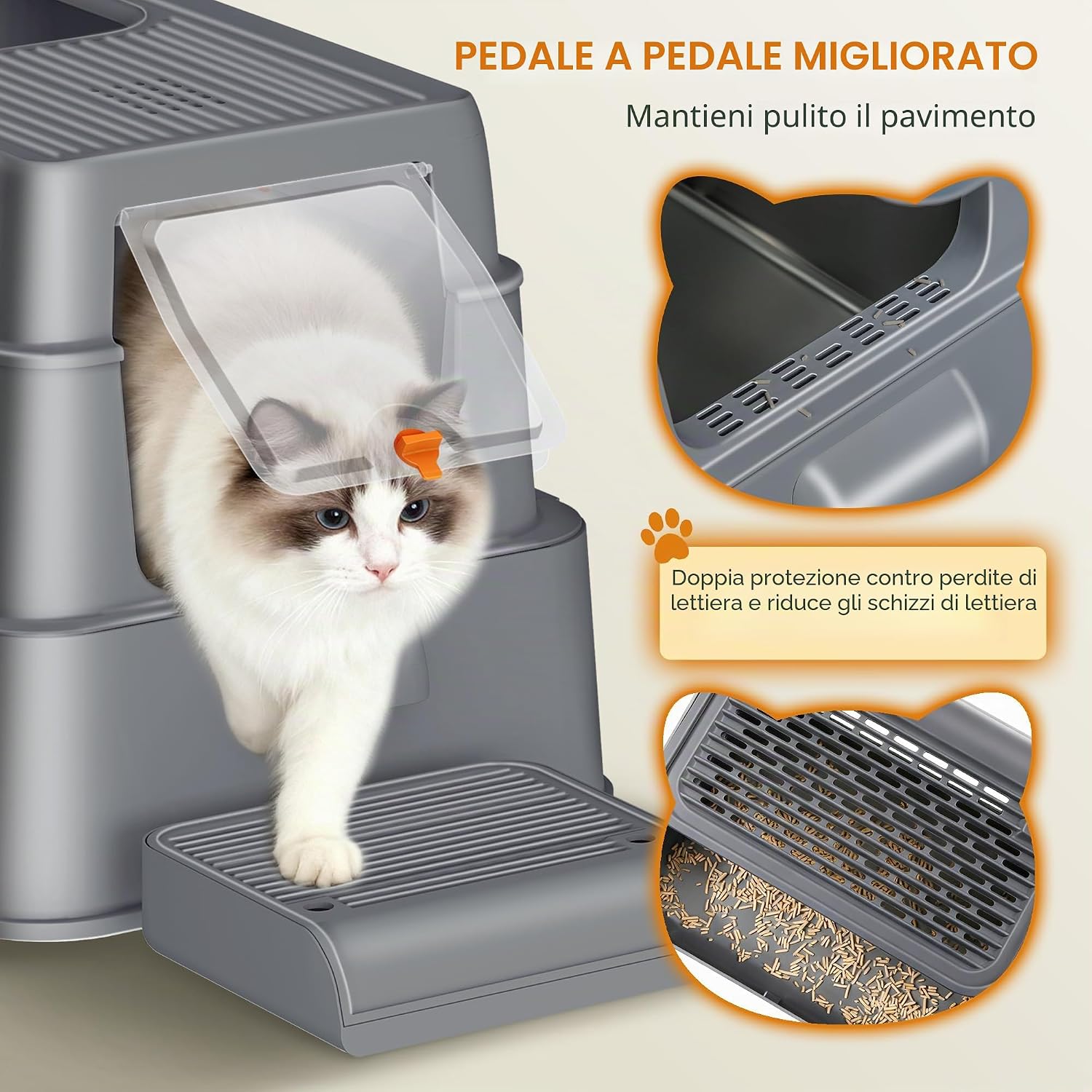 Detalle de Lettiera in acciaio inox Fobyfurny con cassetto e coperchio – XXL 65L x 44I x 40H cm