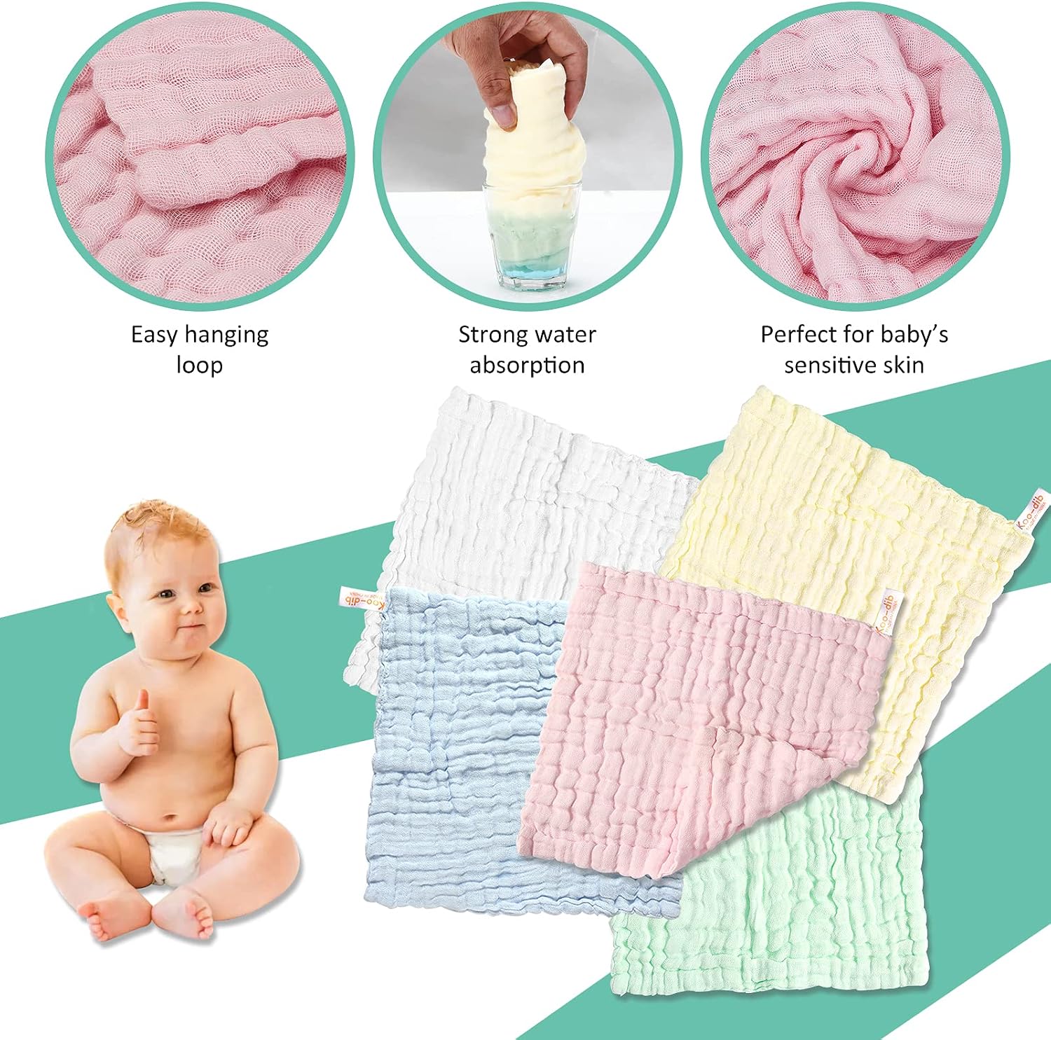 Thumbnail 4 de koo-dib Baby Muslin Squares Washcloths (10 Pack) 25x25cm – Safe, Reusable Muslin Cloths for Newborns