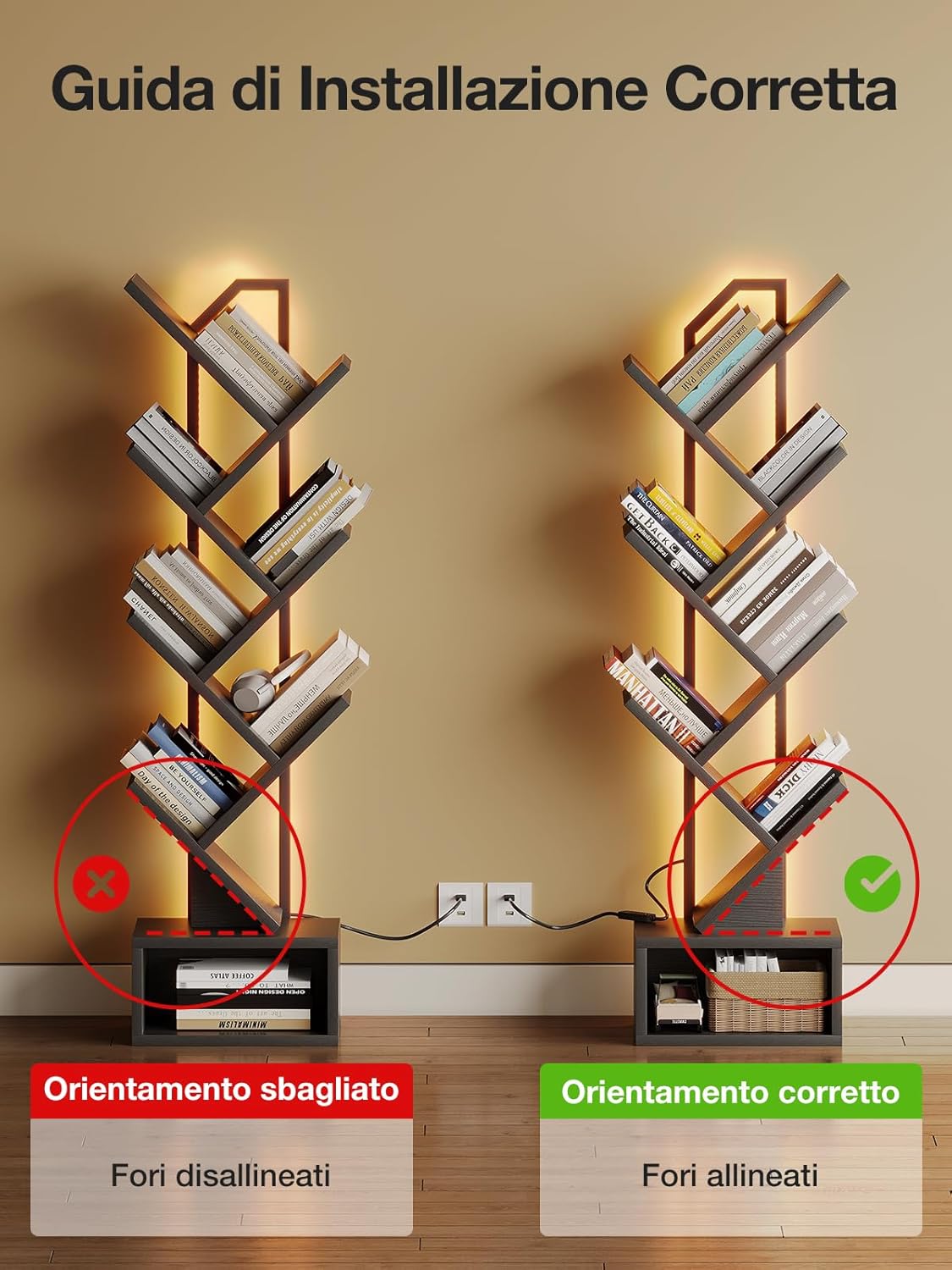 Thumbnail 4 de Coleshome Libreria ad albero a 6 ripiani con divisori e strisce LED, nero