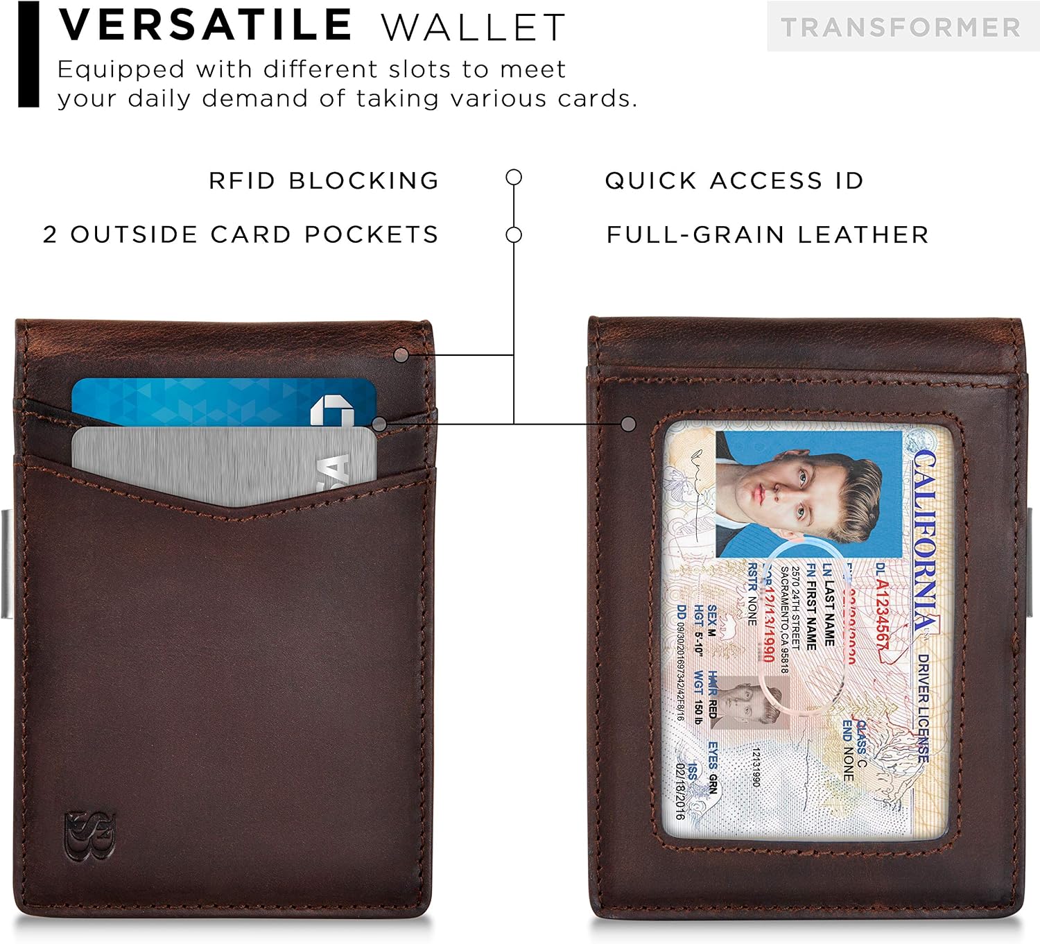 Detalle de SERMAN BRANDS Money Clip Wallet, Full-Grain Leather