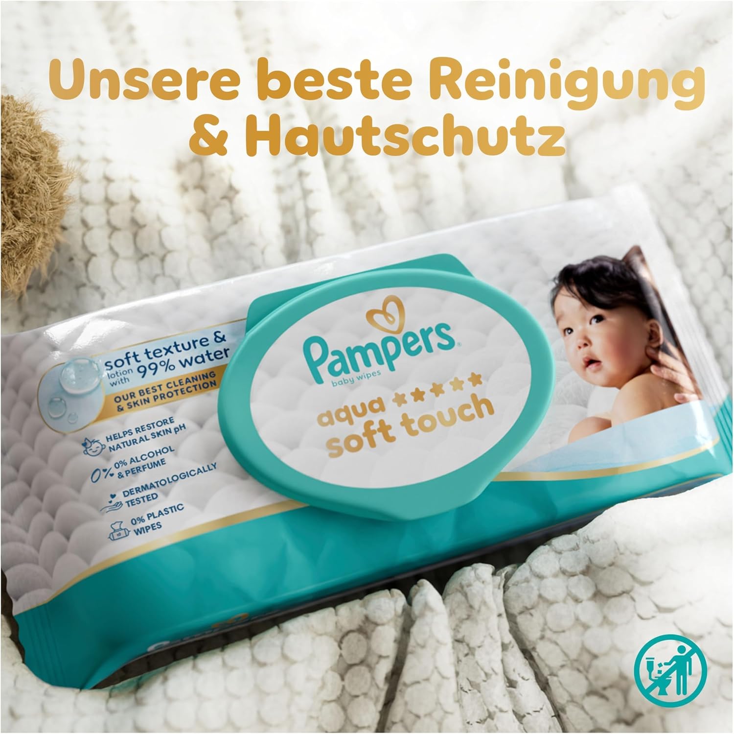 Thumbnail 1 de Pampers Aqua Soft Touch Baby-Feuchttücher mit 99% Wasser, 18 Packungen