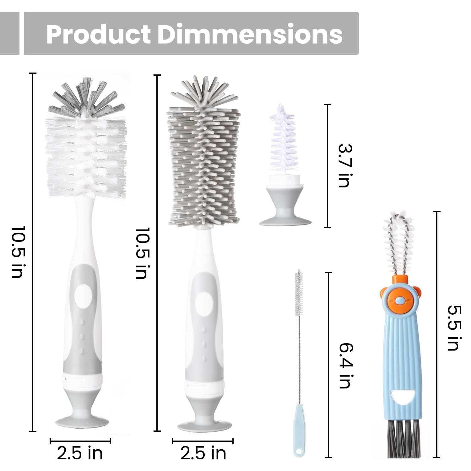 Detalle 2 de Ariseno 7-in-1 Baby Bottle Cleaner Set with Nylon & Silicone Brushes, Gray
