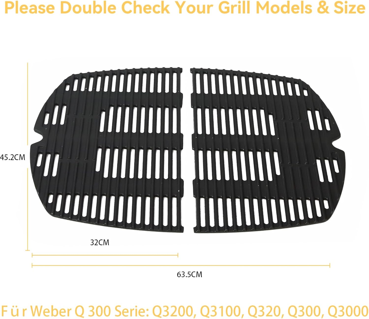 Detalle de FIRXZYMZ 7646 Grillrost 45 x 32 cm für Weber Q300/ Q320/ Q3000/ Q3200 Serie – 2 Stück Gusseisen Rostset
