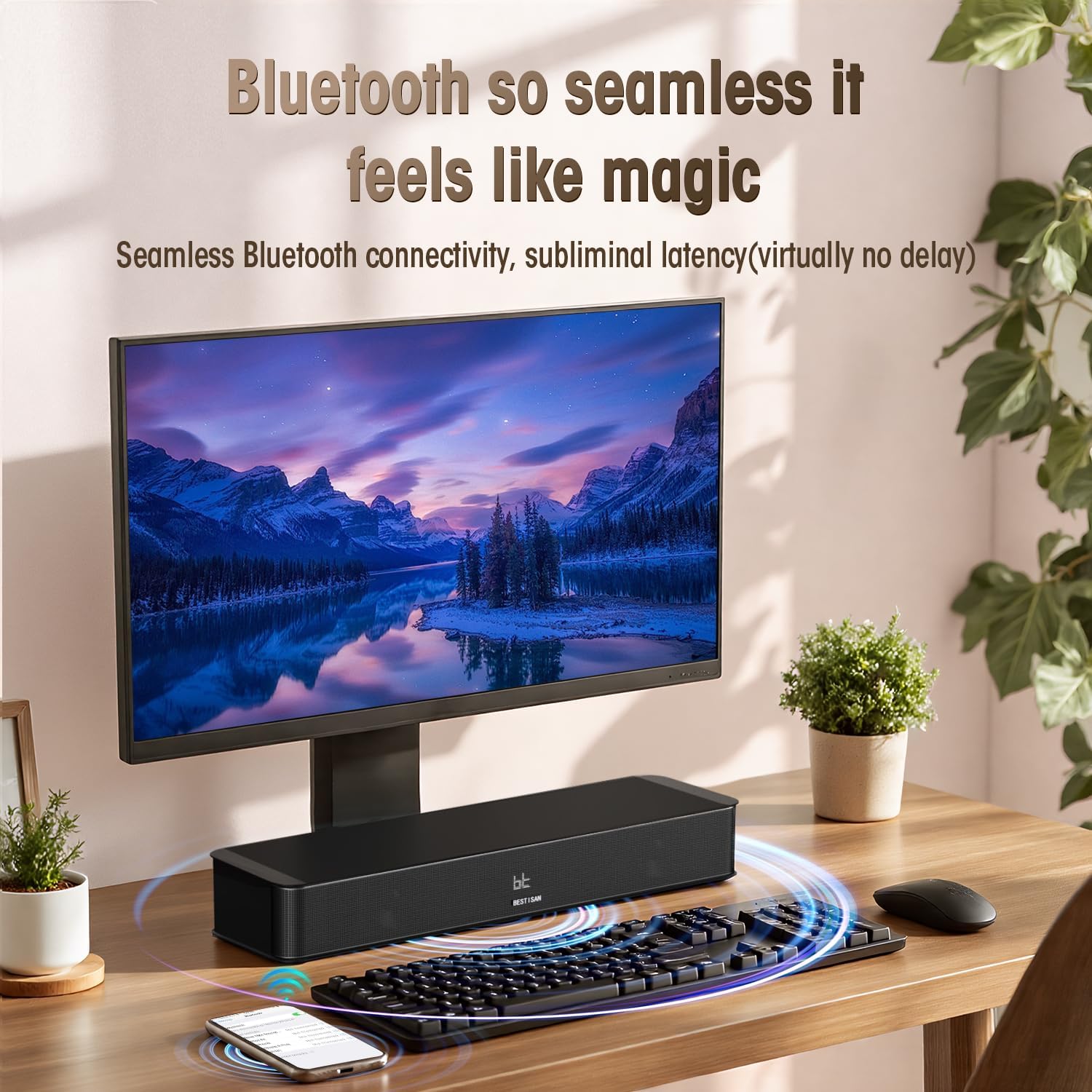Detalle de BESTISAN 16.5-Inch 2.1 Soundbar with Built-In Subwoofer – HDMI eARC, Bluetooth, USB Playback