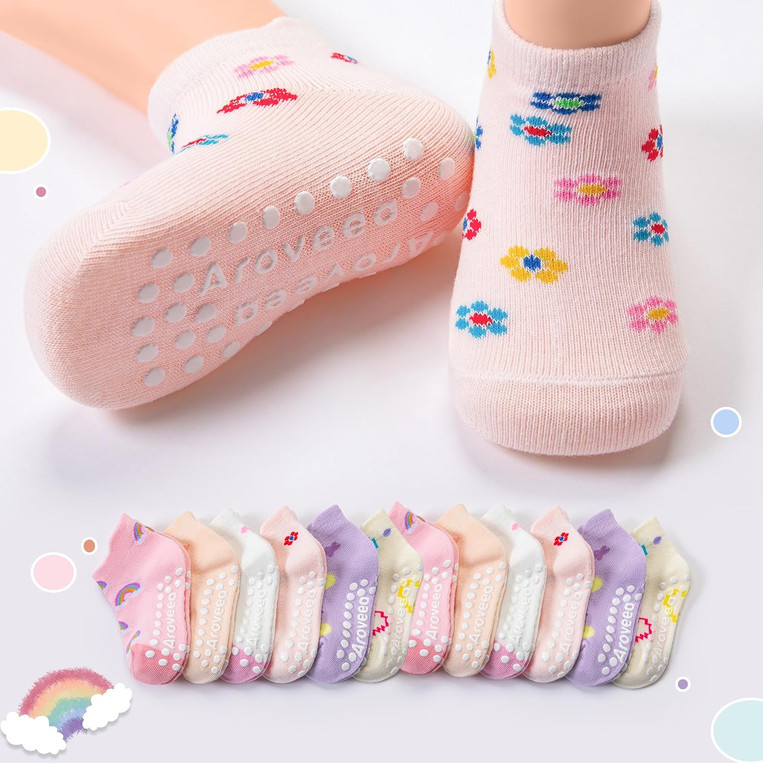 Detalle 2 de Aroveea Ar-sock1 Toddler Grip Socks, 12-Pack Cotton-Rich Ankle Socks