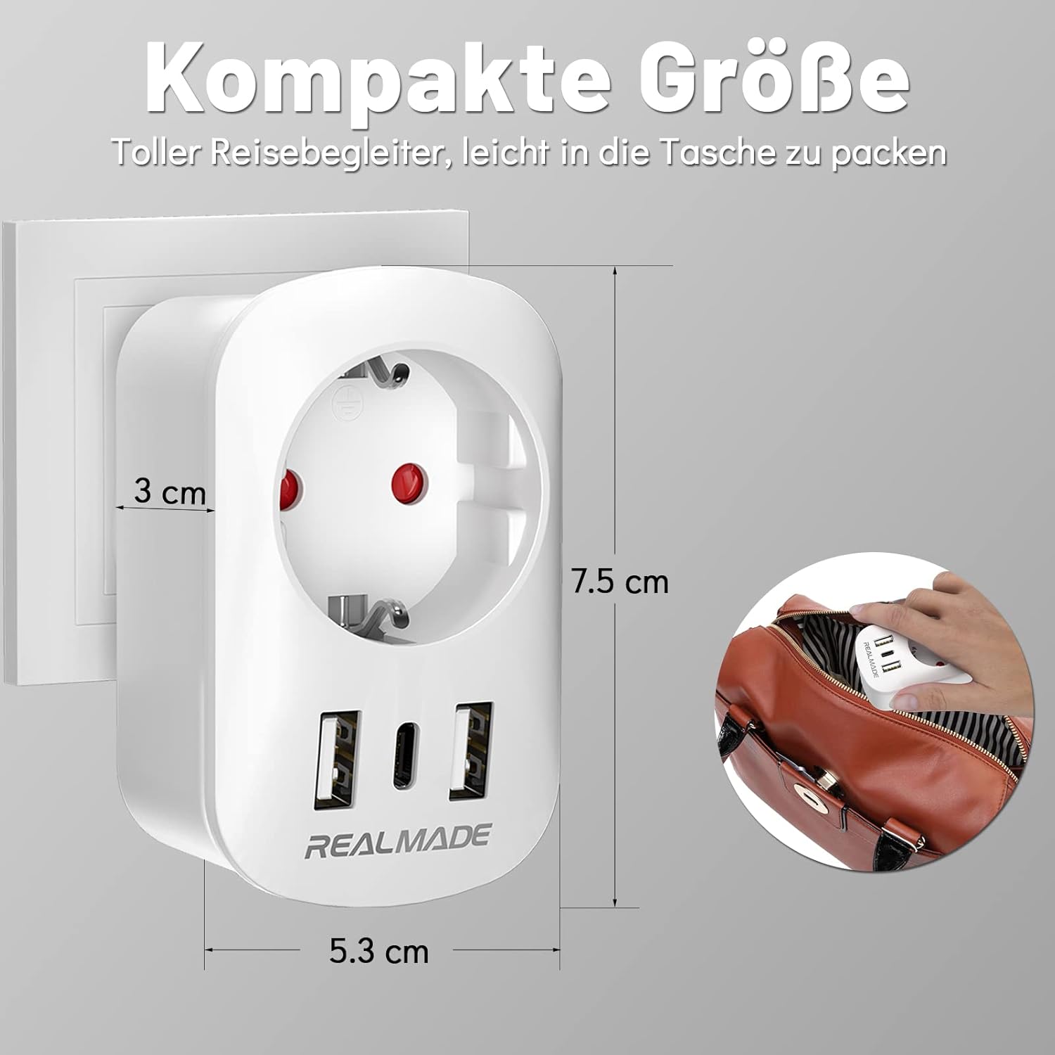 Thumbnail 3 de RealMade 2er Pack Reiseadapter USA (Typ E/F → Typ B) mit 2× USB-A und 1× USB-C