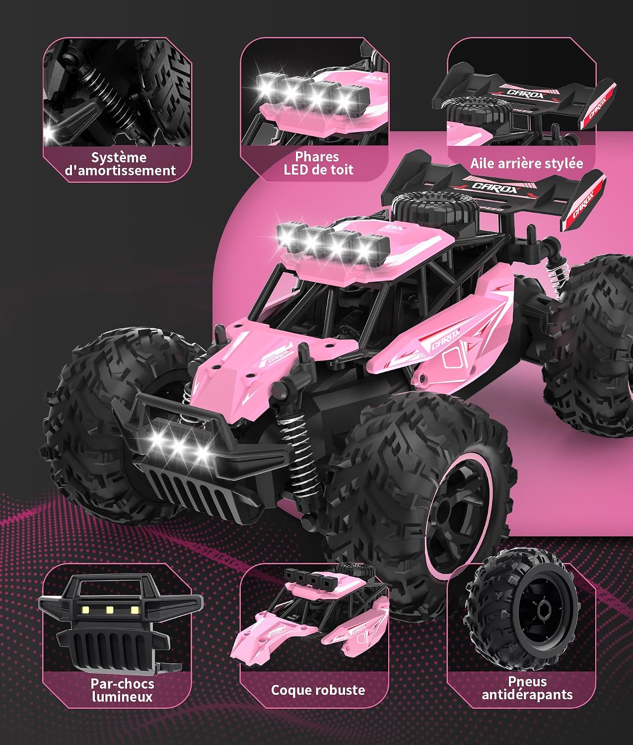 Detalle 2 de Carox ferngesteuertes Auto für Mädchen ab 6 – Pinkes Geländewagen-RC mit 2 Akkus, 25 km/h, 2.4 GHz