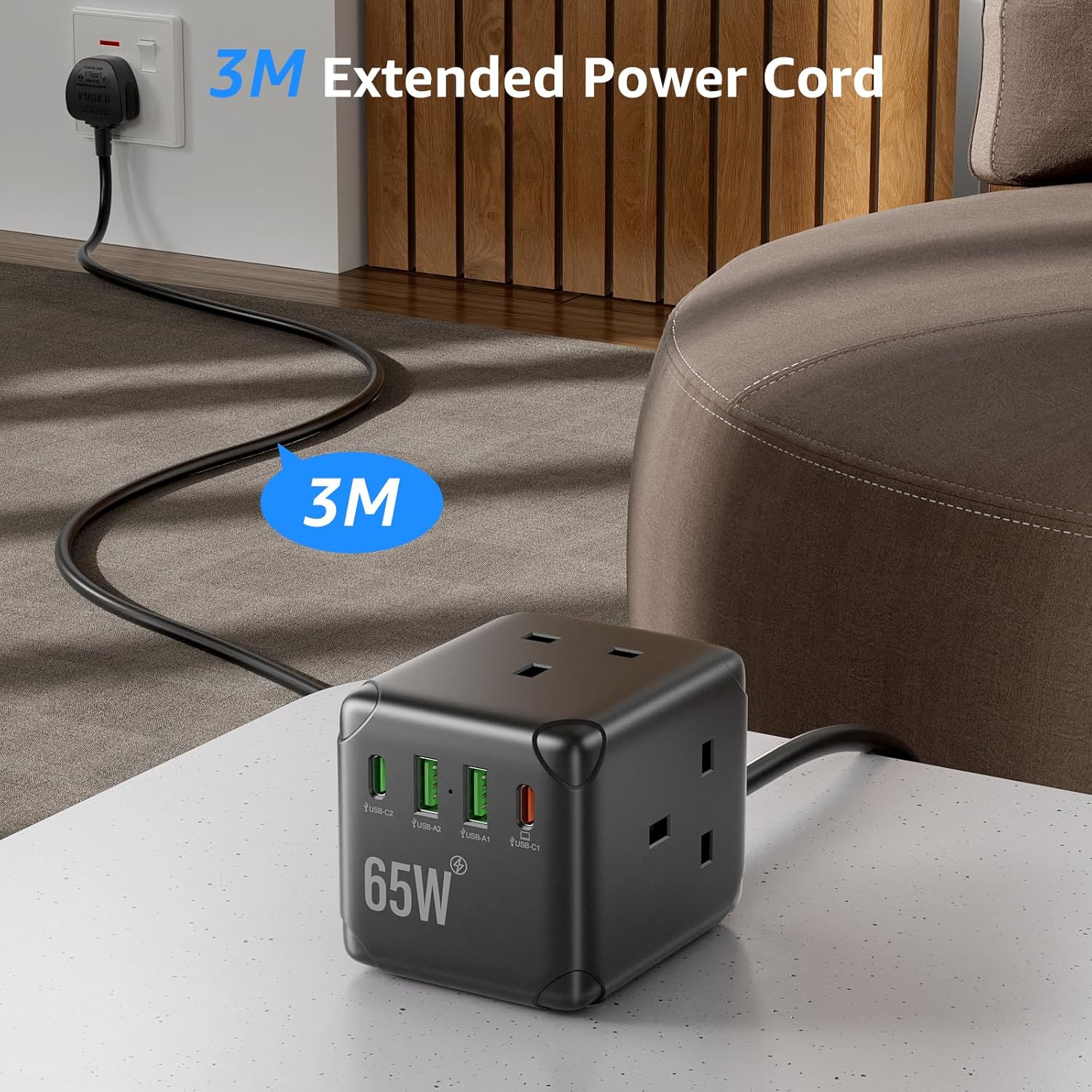 Thumbnail 6 de Cube Extension Lead with USB C Slots (PD65W), 3 Way UK Plug, 3m Cable, 2 USB‑A & 2 USB‑C Ports