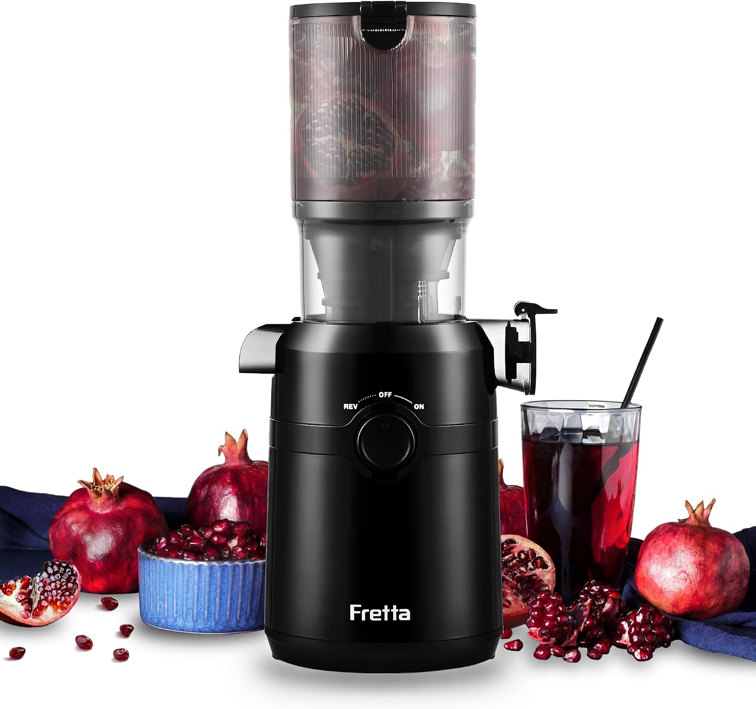 Detalle de Extracteur de jus Fretta Slow Juicer 108 mm, pression à froid, grande ouverture et cuve 1 L (sans BPA) – 200 W