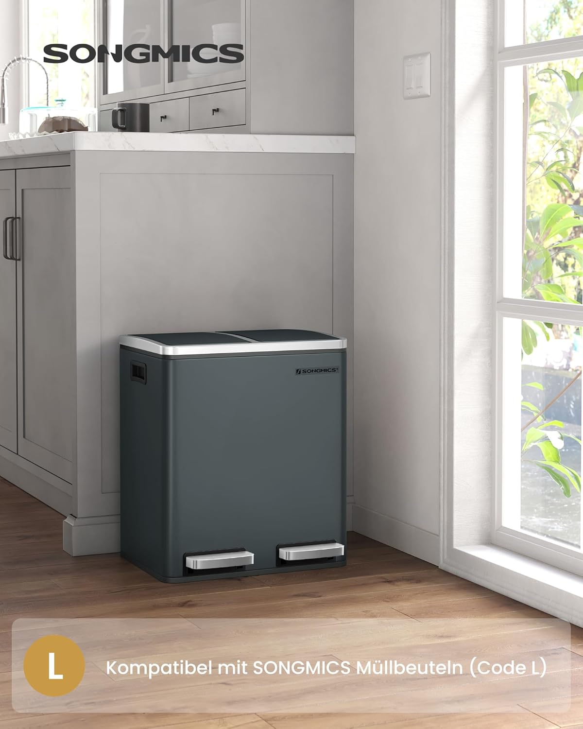 Detalle 2 de SONGMICS Mülleimer Küche 2 x 15 Liter – langlebiges Mülltrennsystem mit Fußpedal, Softclose-Deckel und 15 Müllbeutel, grüngrau LTB30GS