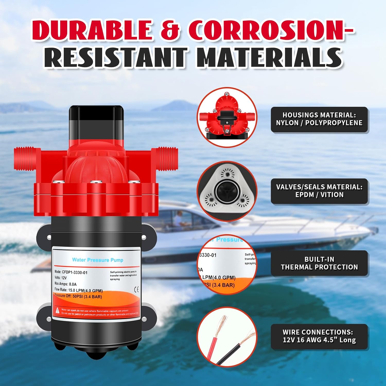 Detalle de RV Fresh Water Diaphragm Pump 12V DC, 4.0 GPM, 50 PSI — On-Demand Self-Priming for RVs, Boats, and Campers